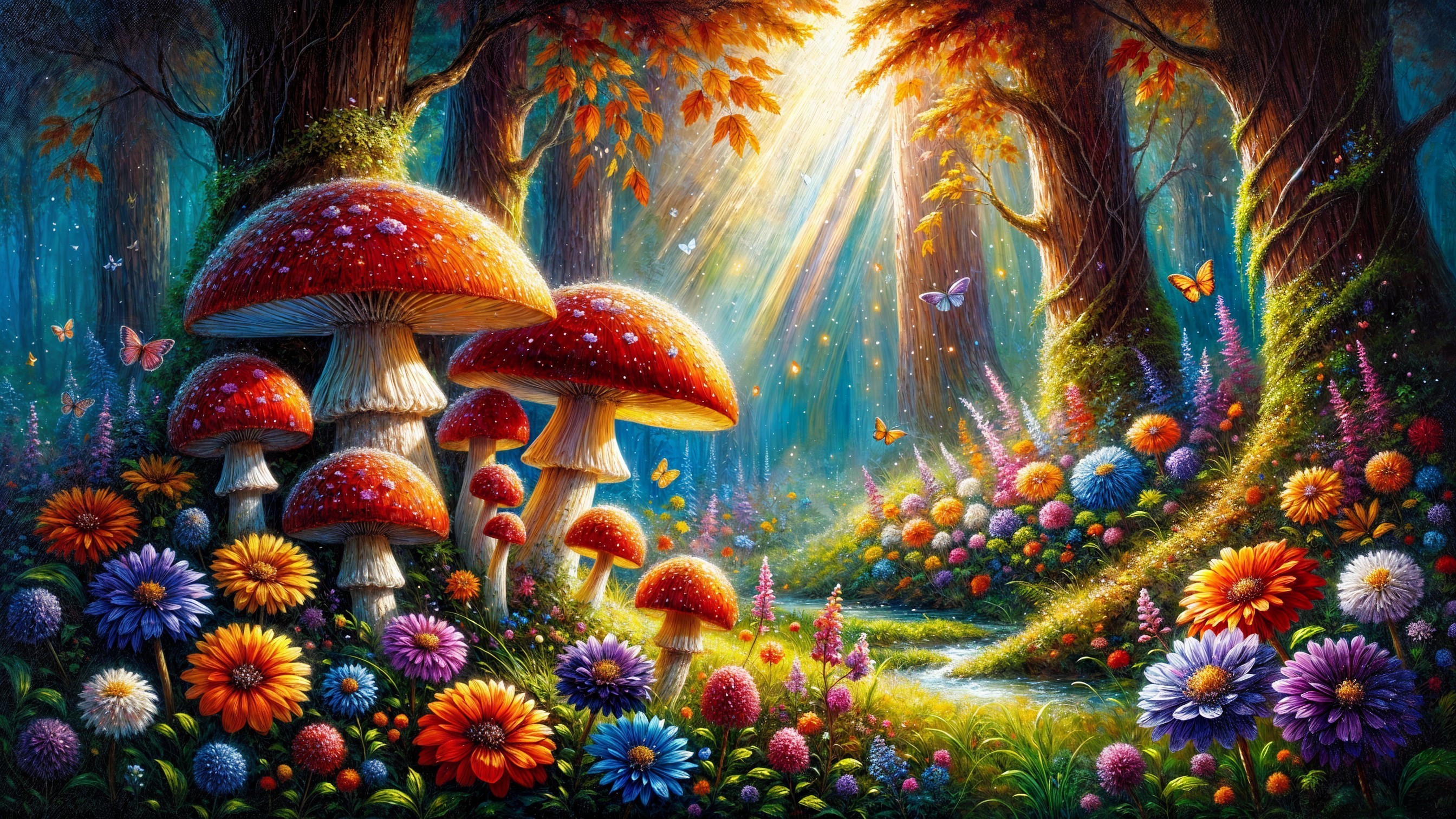 Vibrant forest scene with colorful mushrooms and flowers