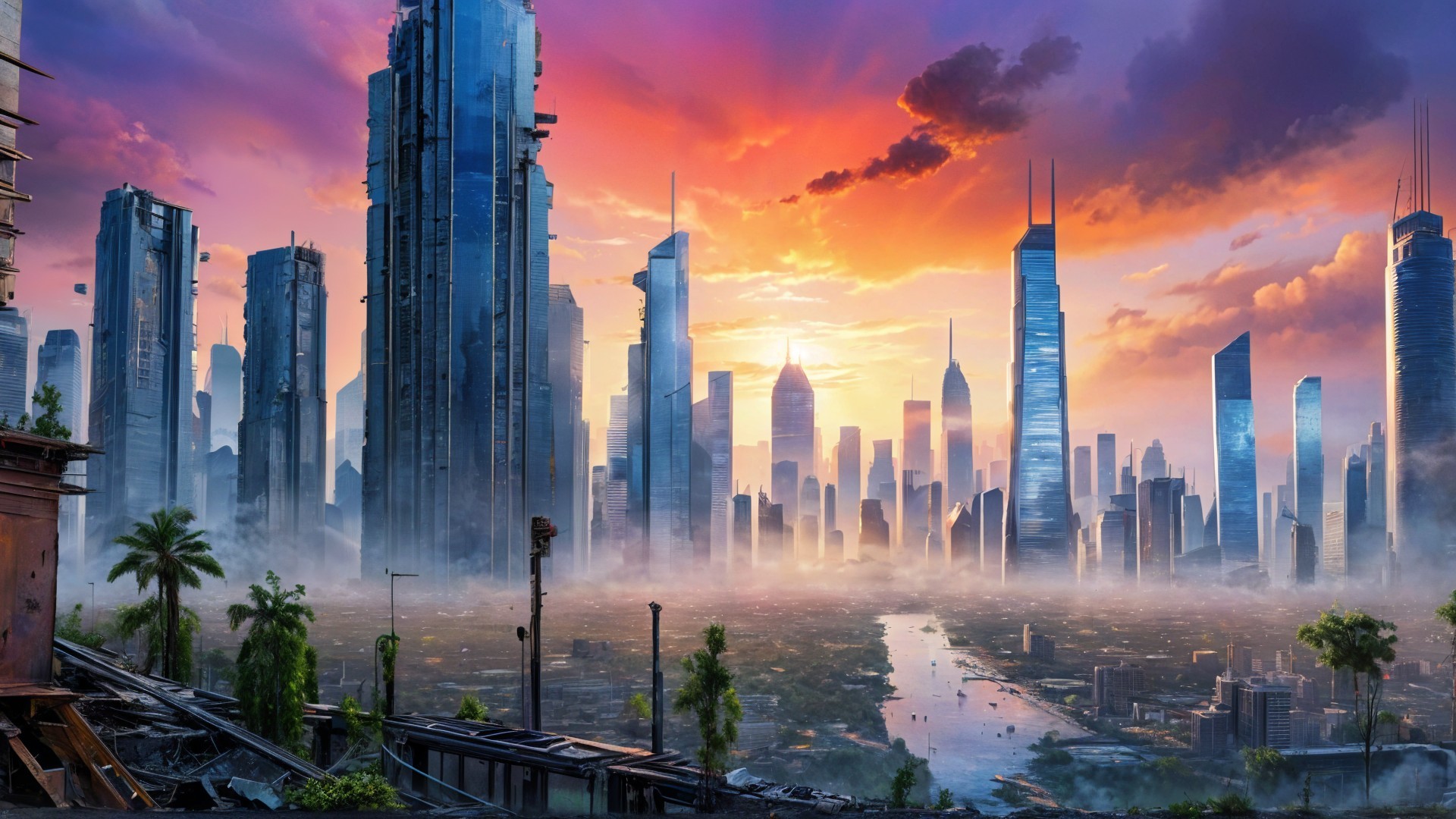 Futuristic cityscape at sunset with lush palm trees