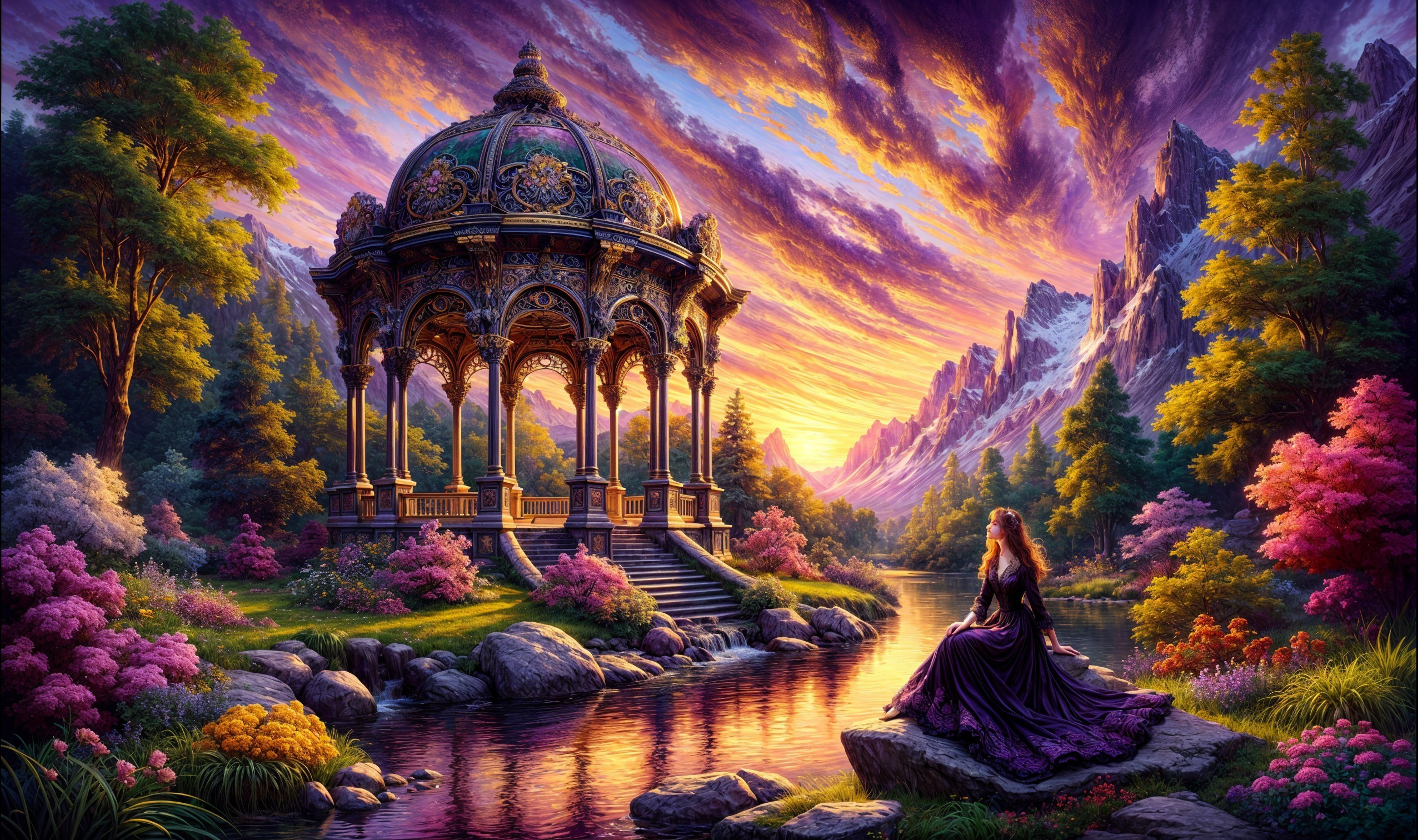Sunset Over Blossoming Landscape and Gazebo Reflection