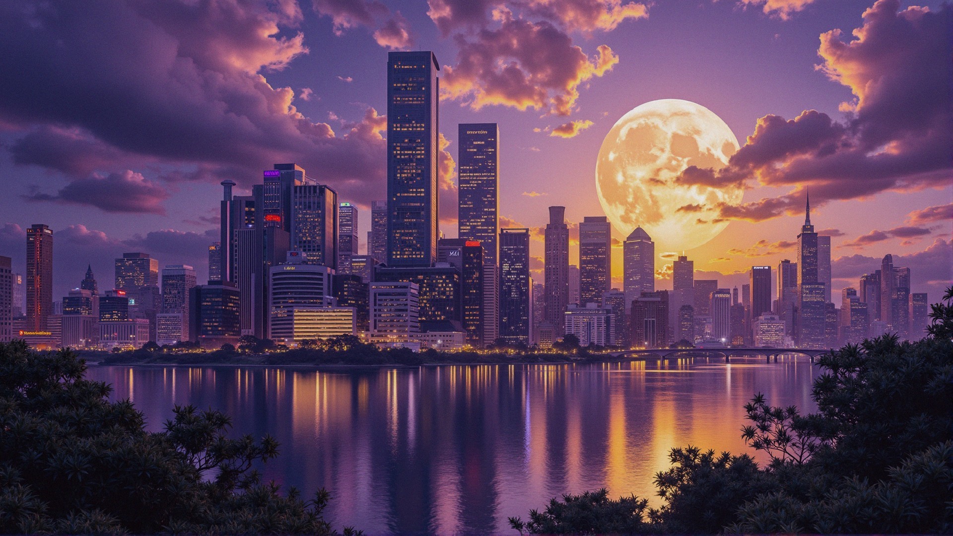 Vibrant City Skyline Under Full Moon at Twilight