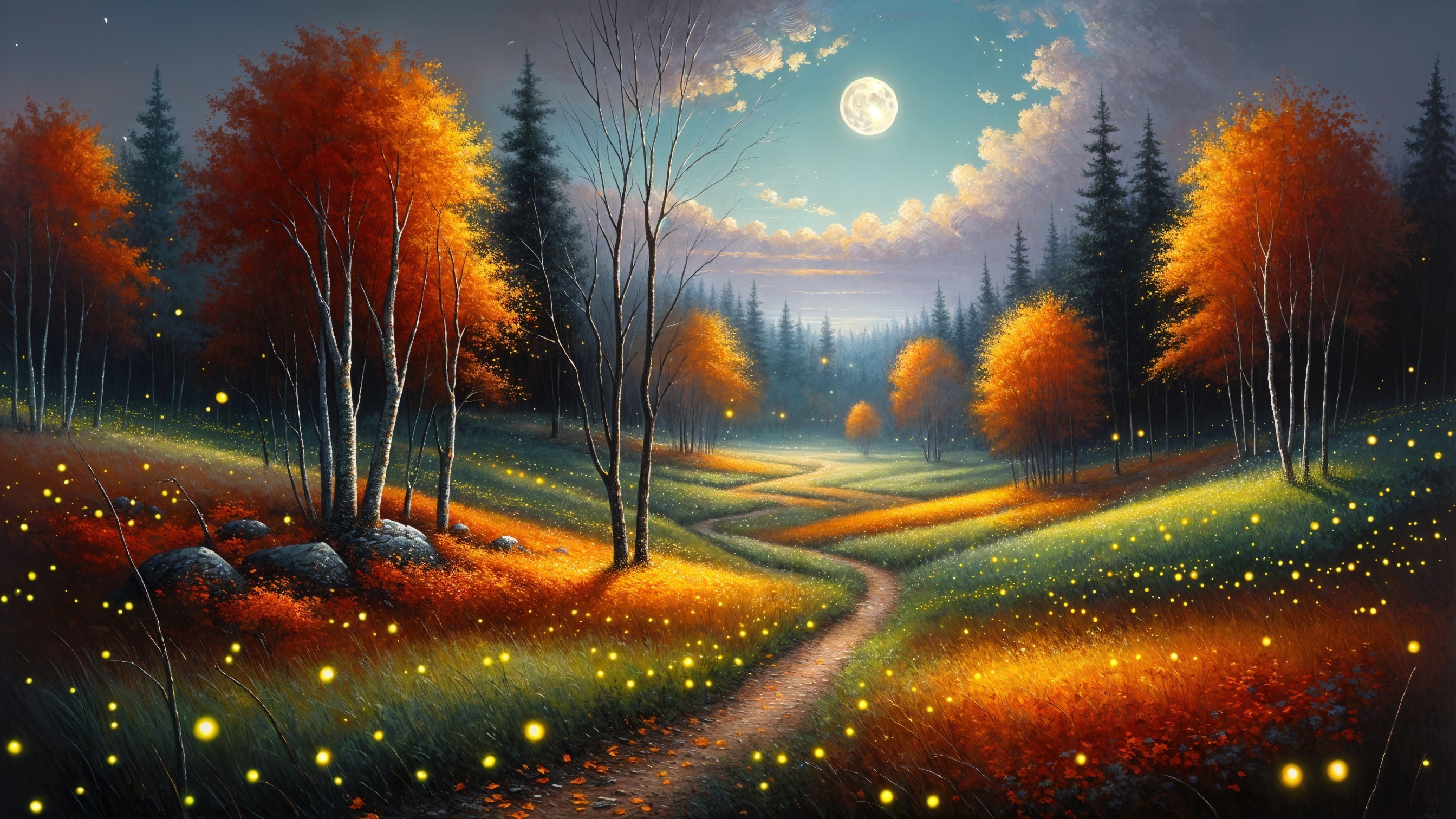 Twilight Landscape with Winding Path and Moonlight