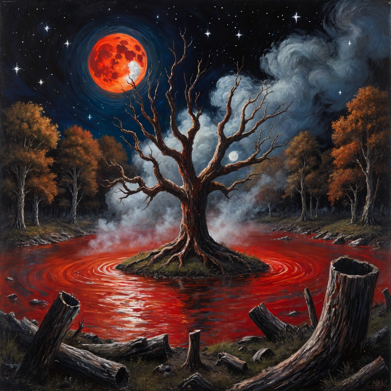 Desolate Tree in Crimson Lake Under Glowing Red Moon
