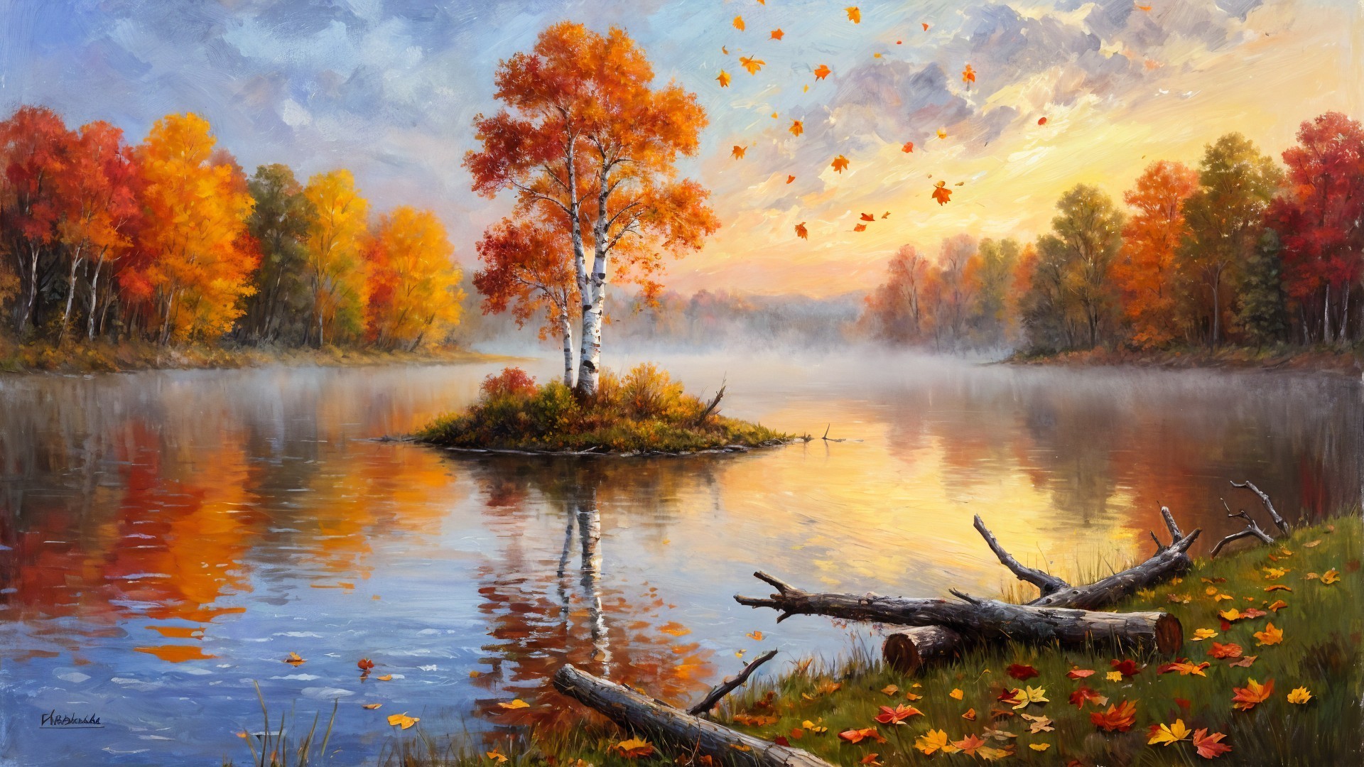Autumn Landscape with Tree and Reflective River