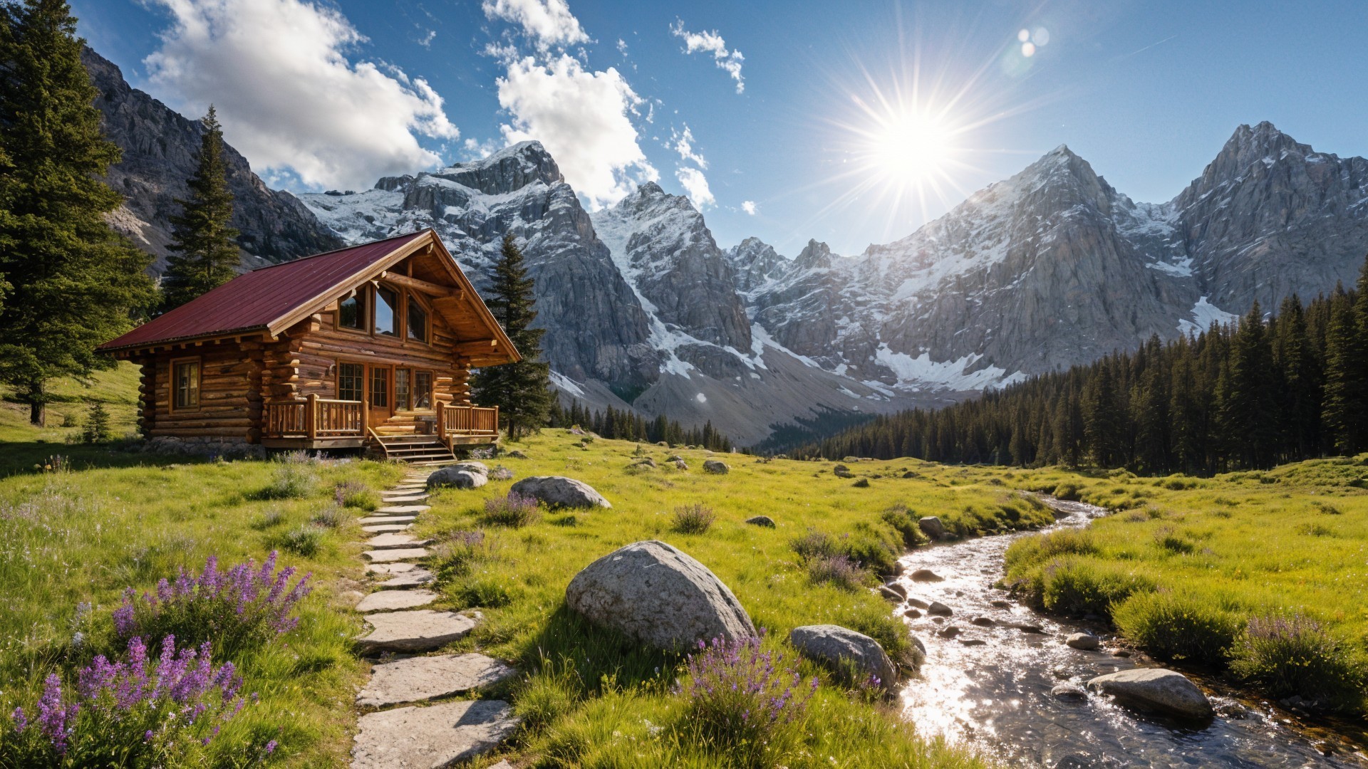 Wooden cabin in a valley with mountains and stream