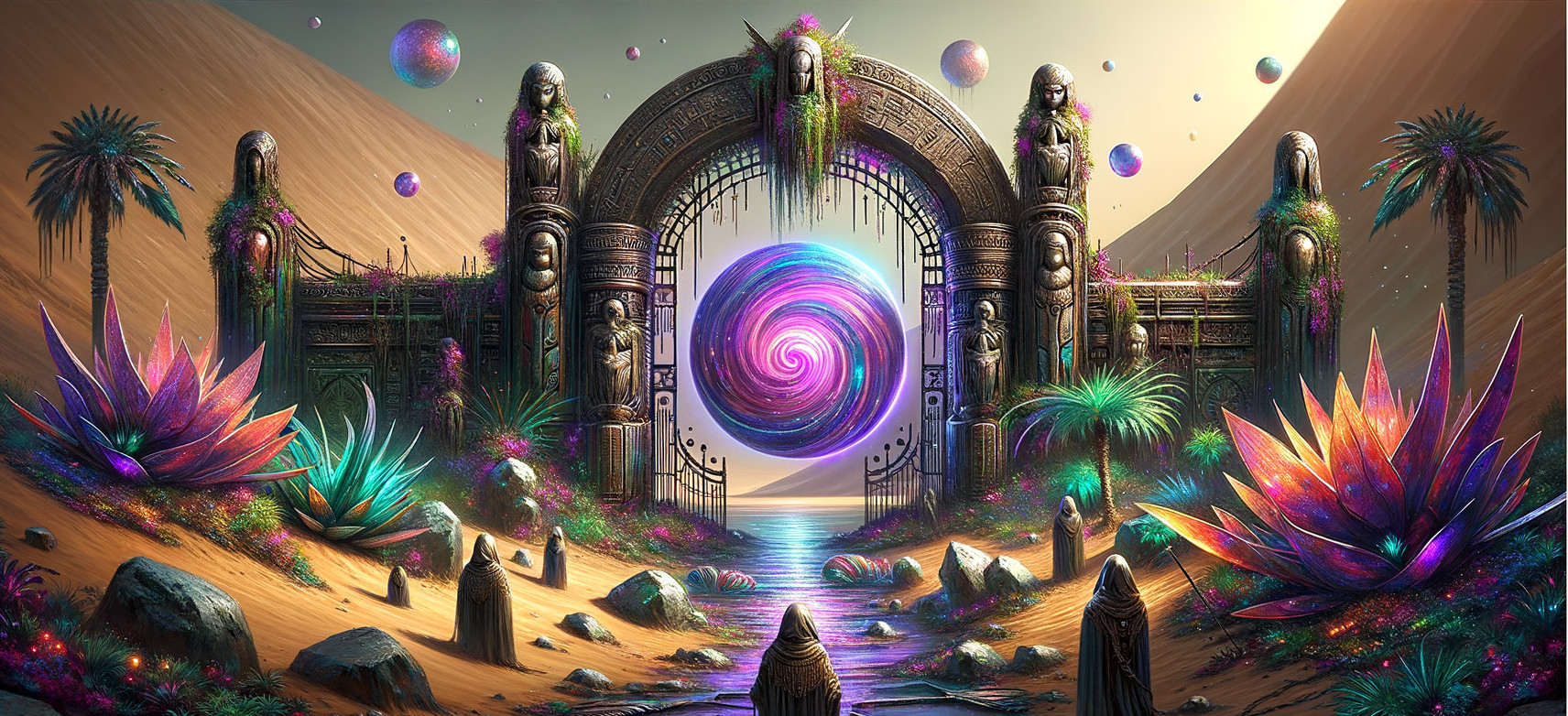 Mystical Gateway Surrounded by Vibrant Desert Landscape