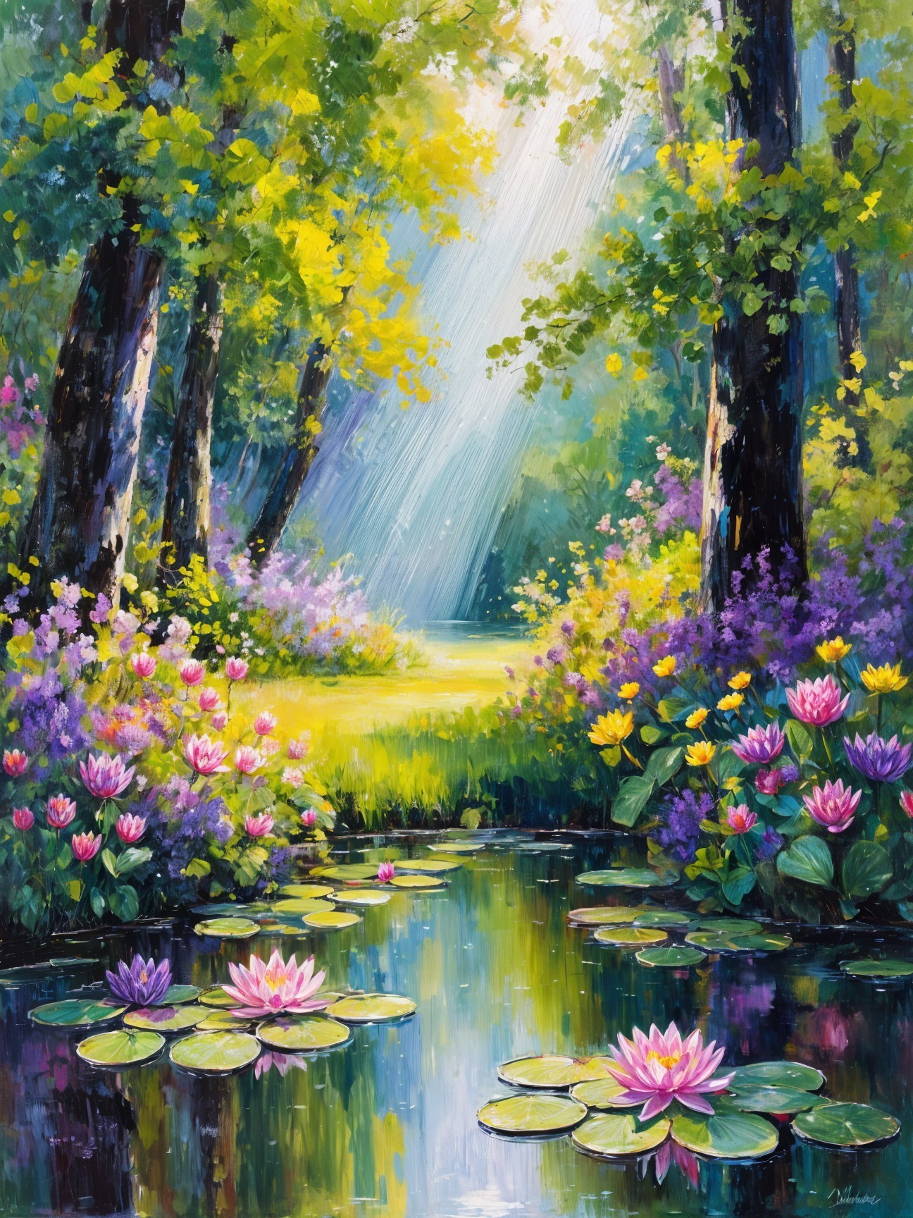 Tranquil Pond Surrounded by Lush Greenery and Flowers