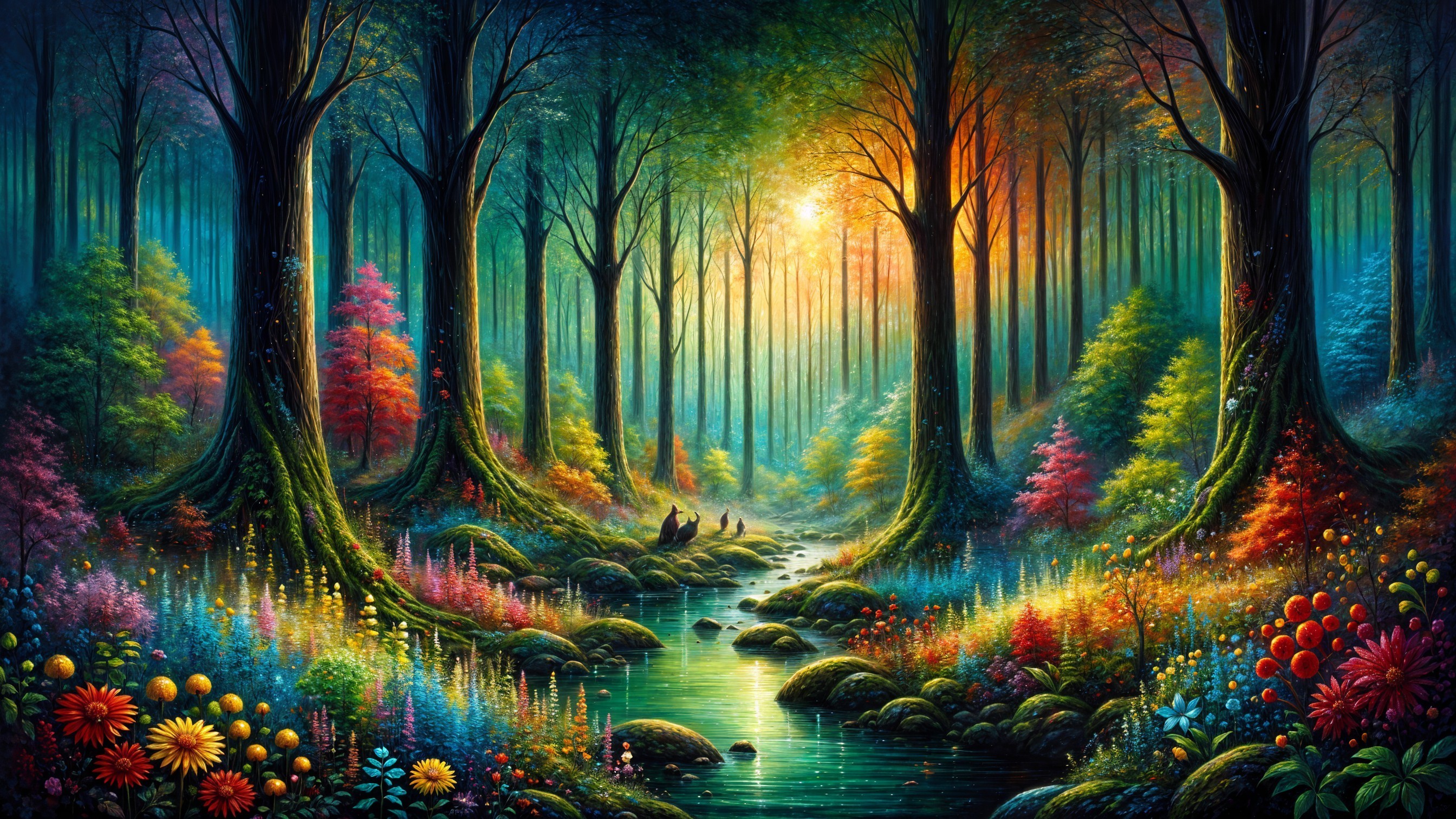 Vibrant Enchanted Forest with Colorful Flora and Stream