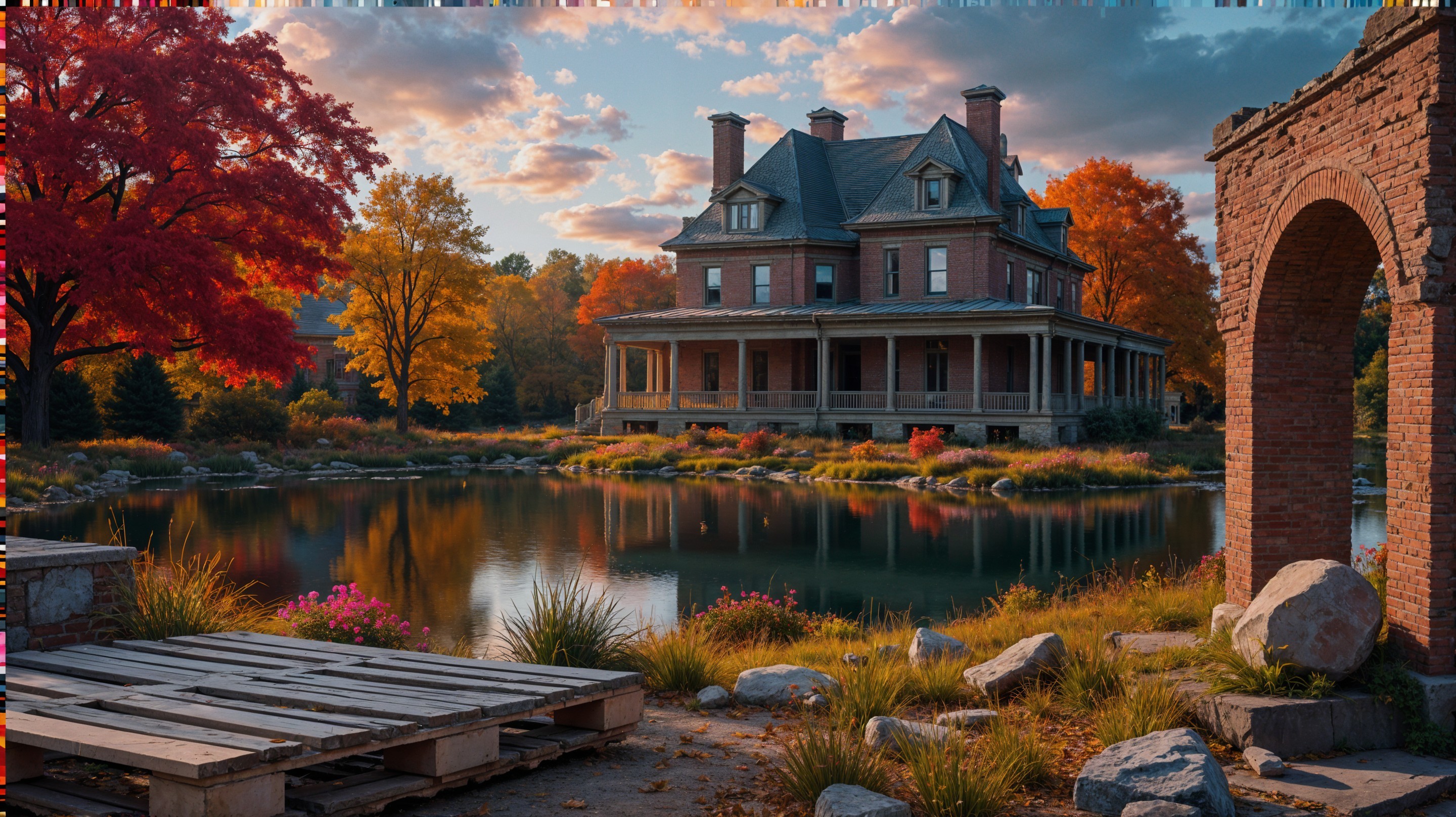 Historic House by Serene Pond in Autumn Foliage