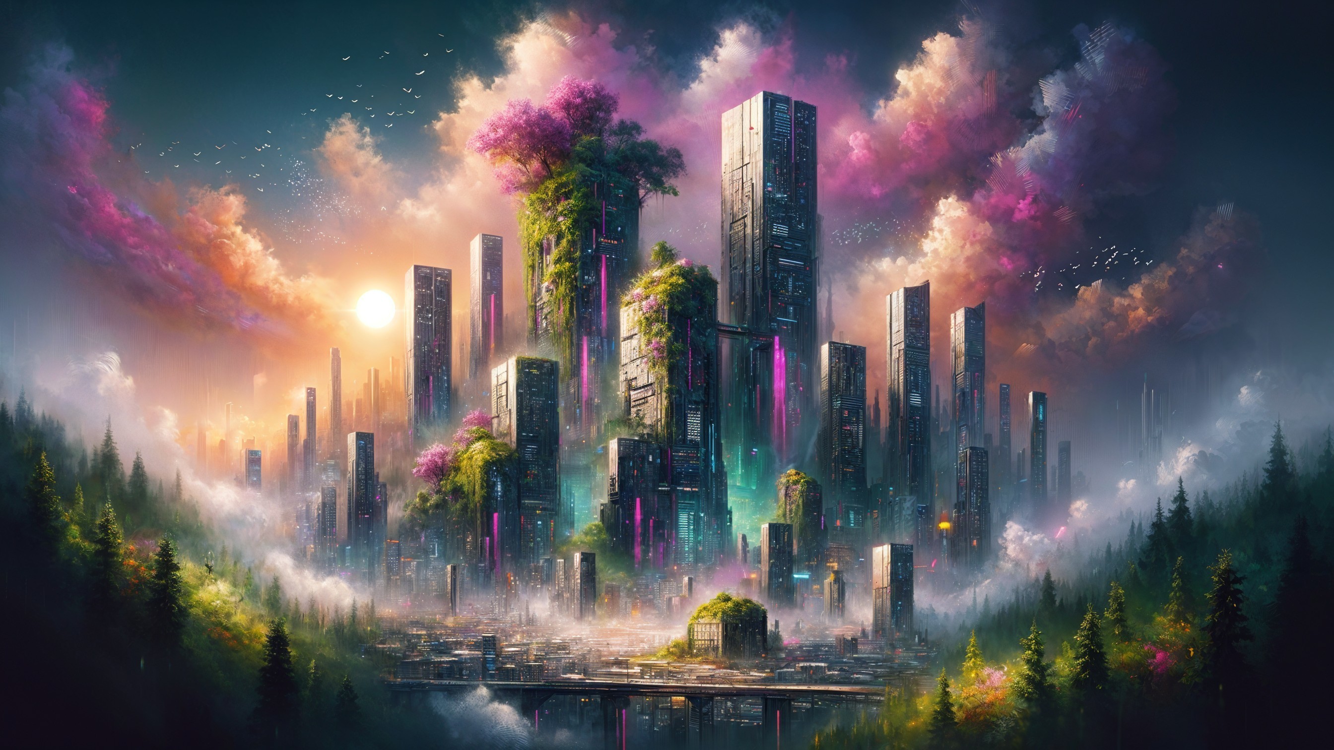 Futuristic cityscape with greenery at sunset