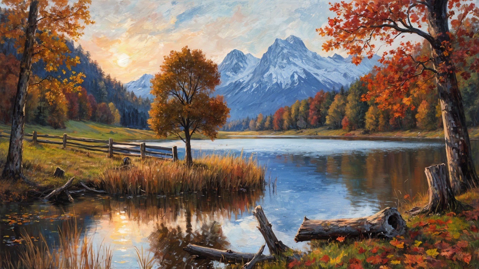 Tranquil Lake Landscape with Autumn Foliage and Mountains