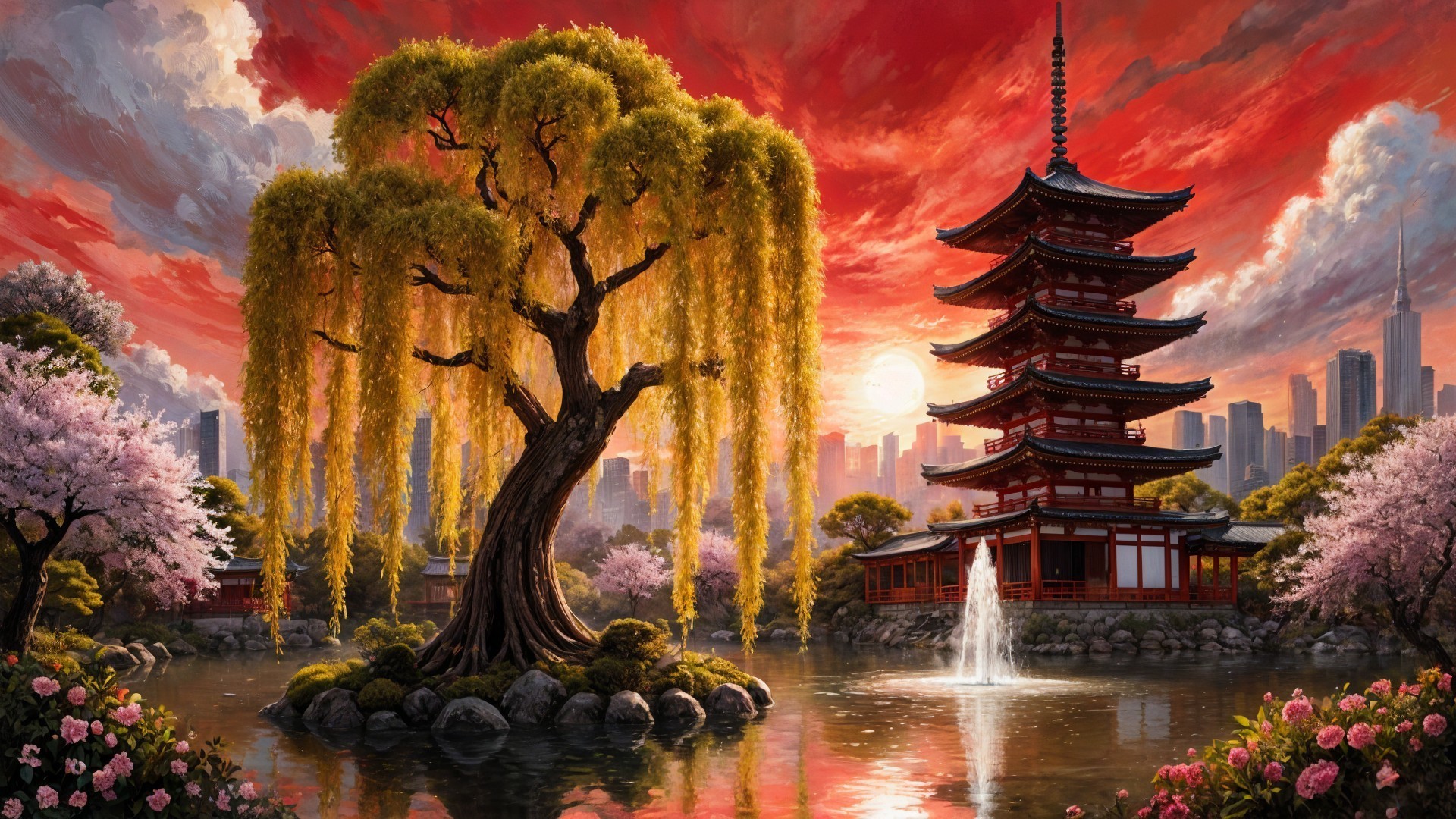 Serene Landscape with Sunset, Pagoda, and Skyline