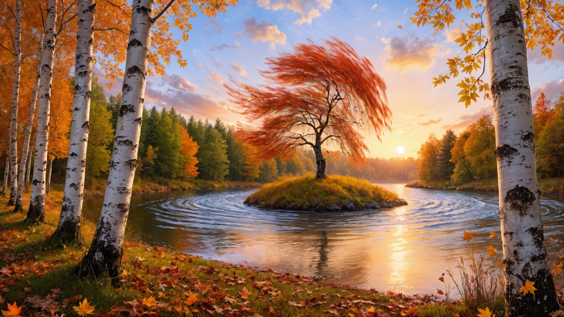 Serene Autumn Landscape with Tree and River