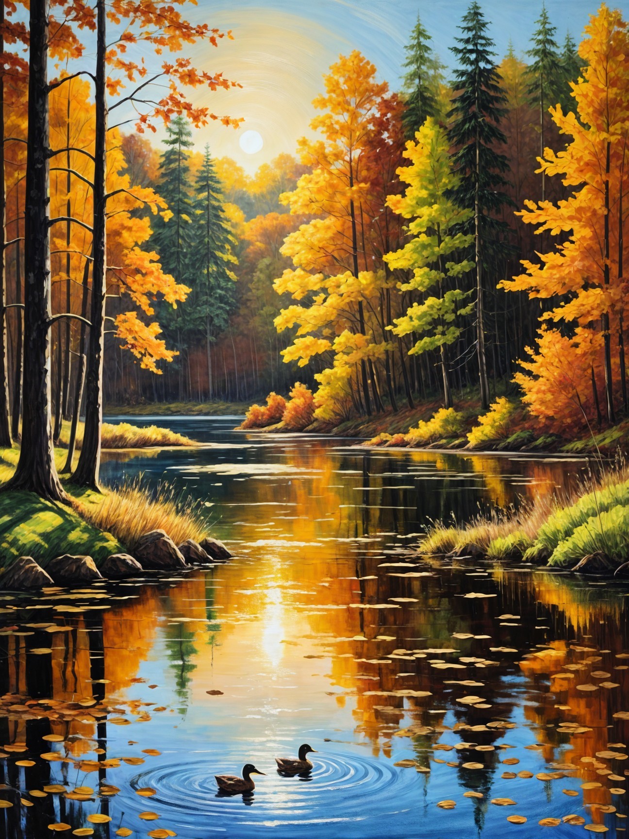 Autumn River Scene with Vibrant Foliage and Ducks