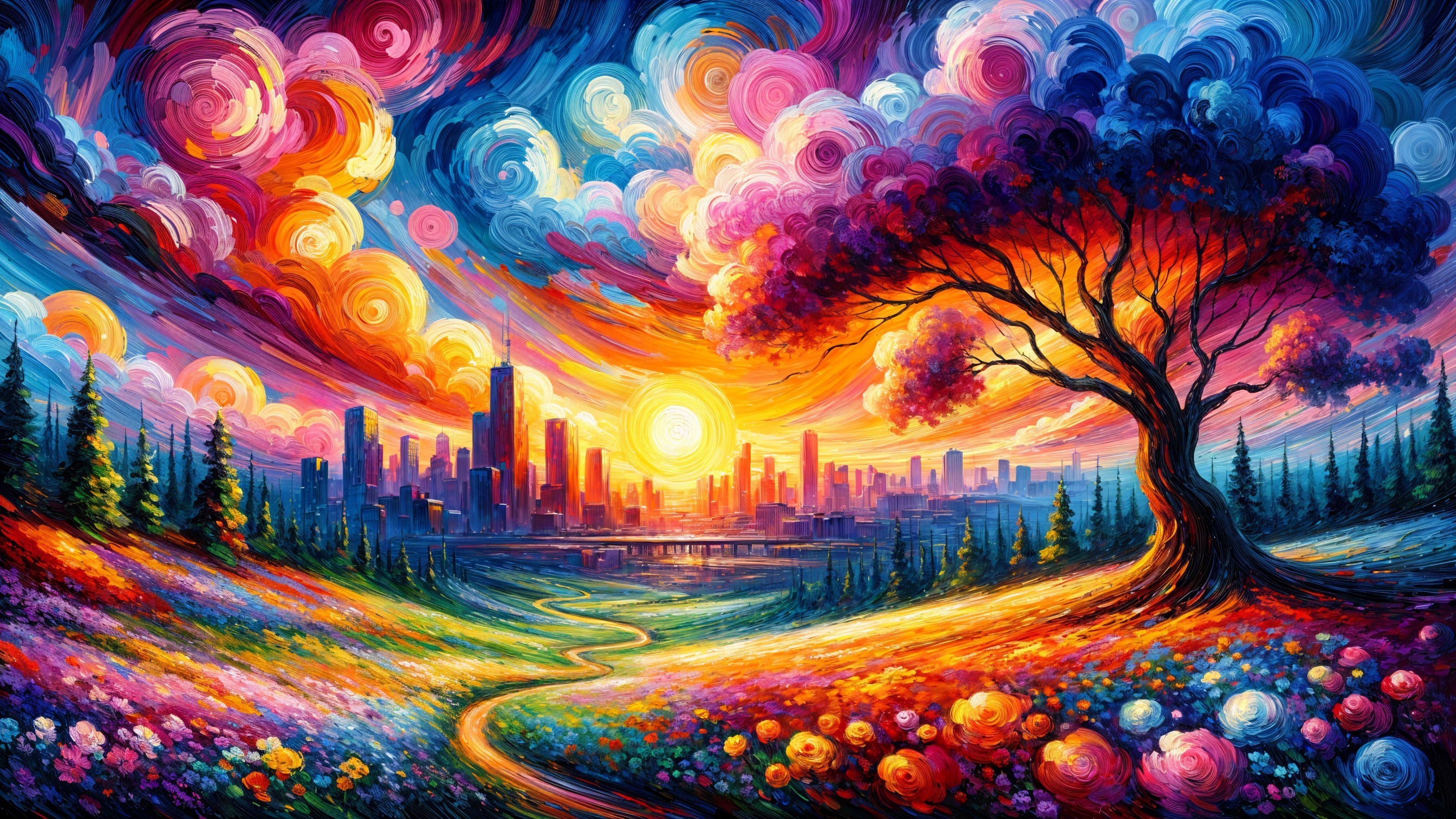 Vibrant Sunset Over City Skyline with Tree and Flowers