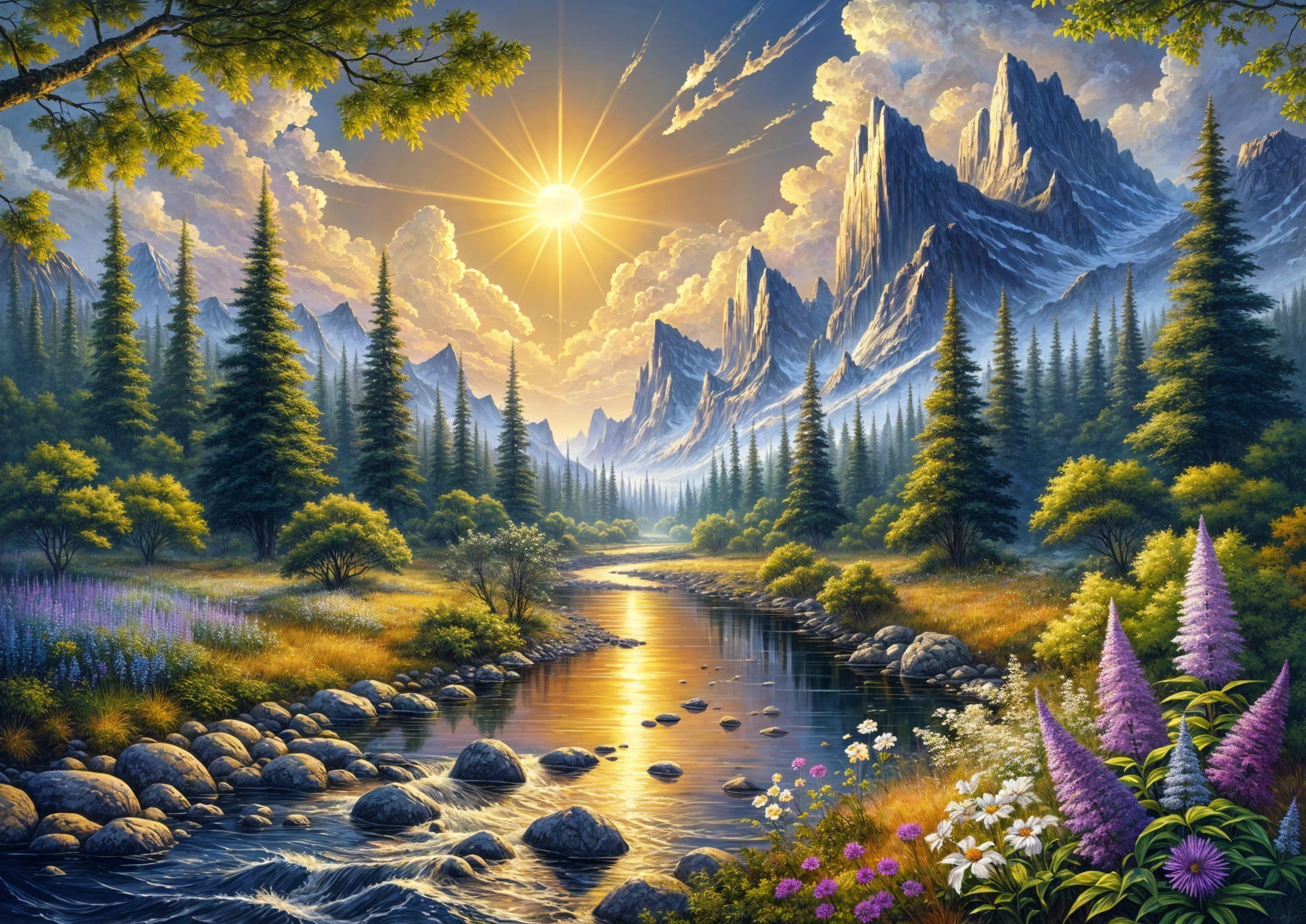 Tranquil River and Sunrise Over Majestic Mountains