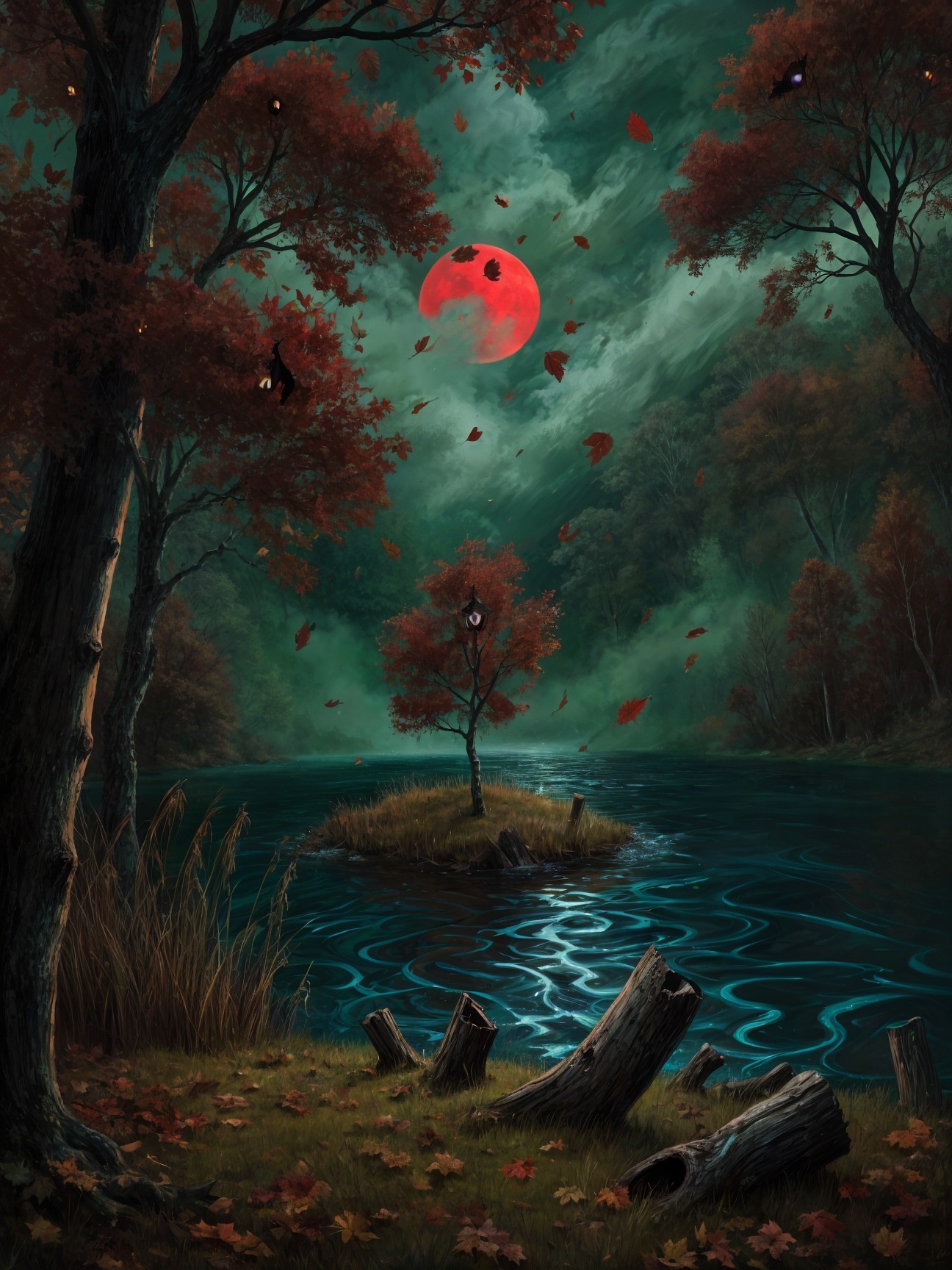 Mystical Landscape with Red Moon and Tranquil Lake