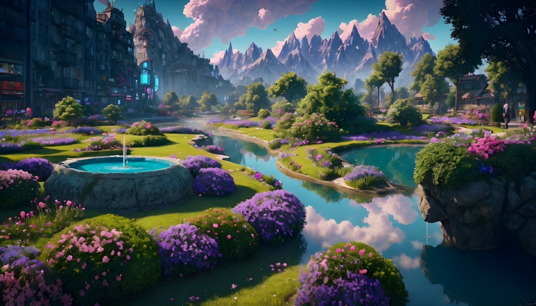 Vibrant Fantasy Landscape with Purple Flowers and Mountains