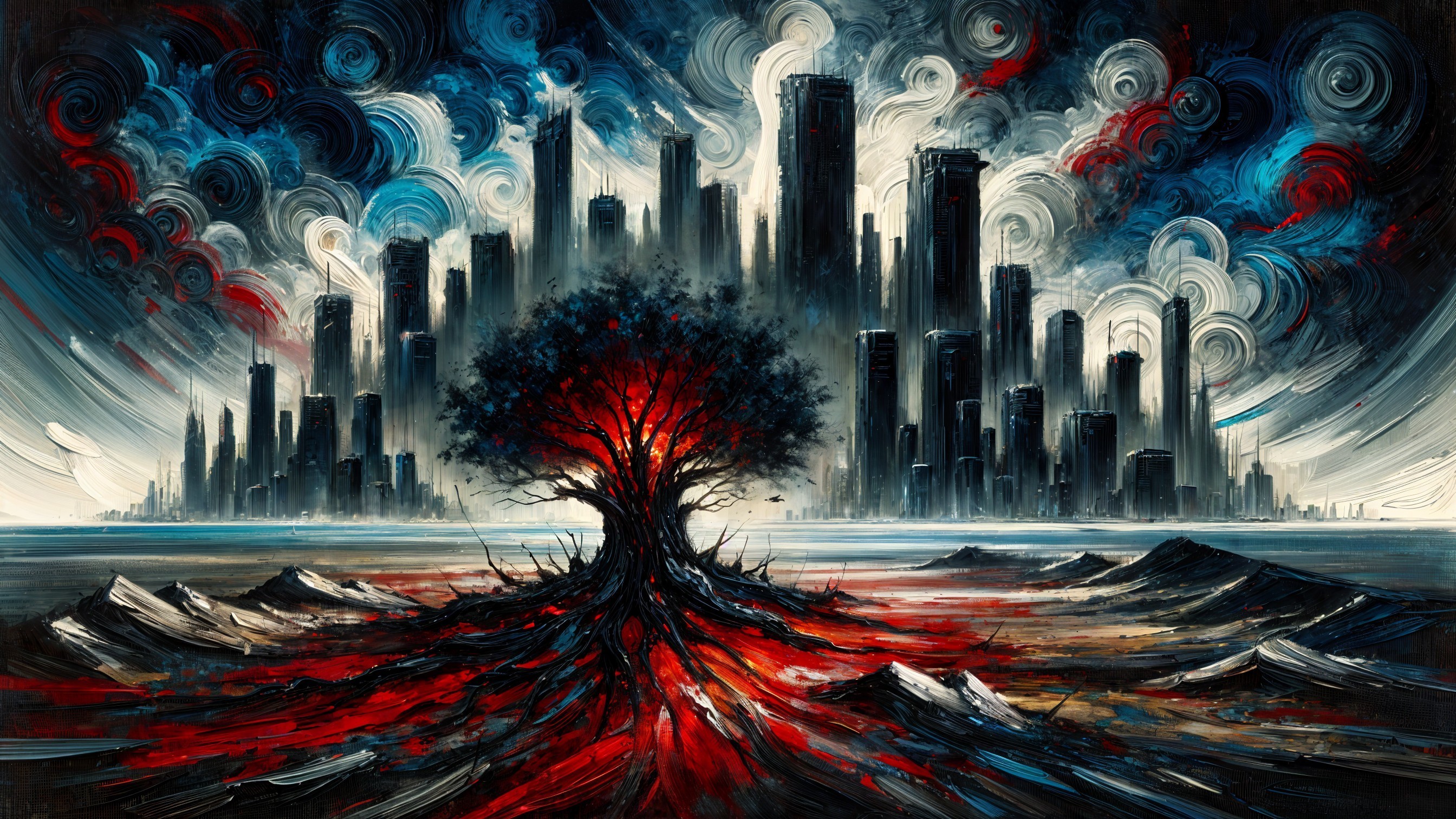 Dramatic Landscape with Gnarled Tree and Skyscrapers