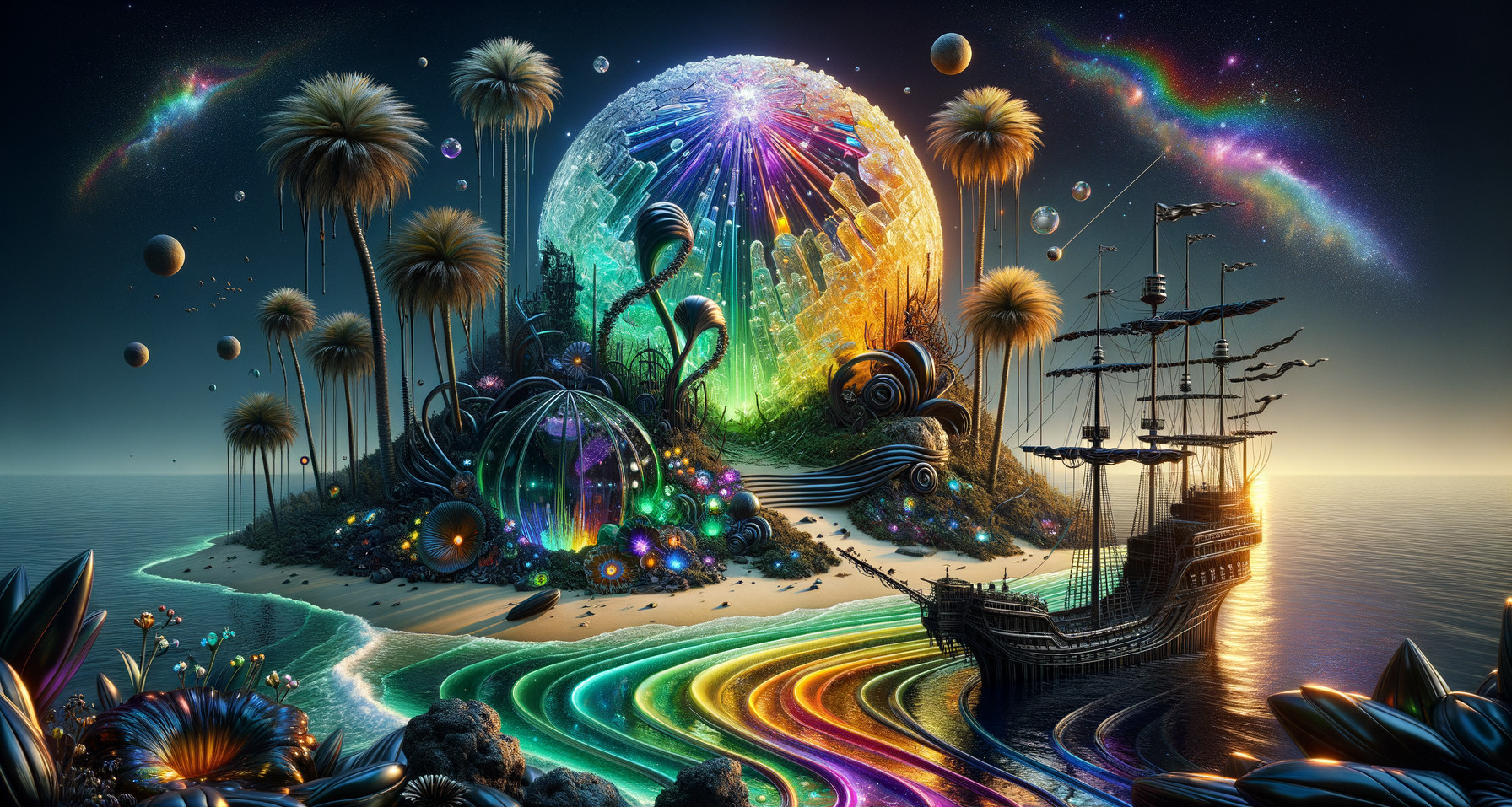 Surreal Island Landscape with Crystalline Sphere and Ship