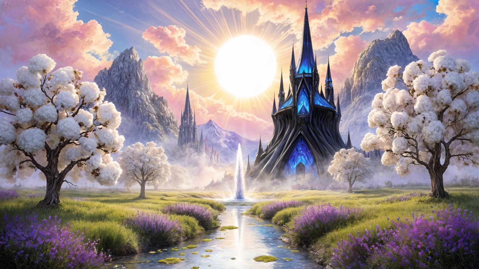 Majestic castle in vibrant landscape with serene stream