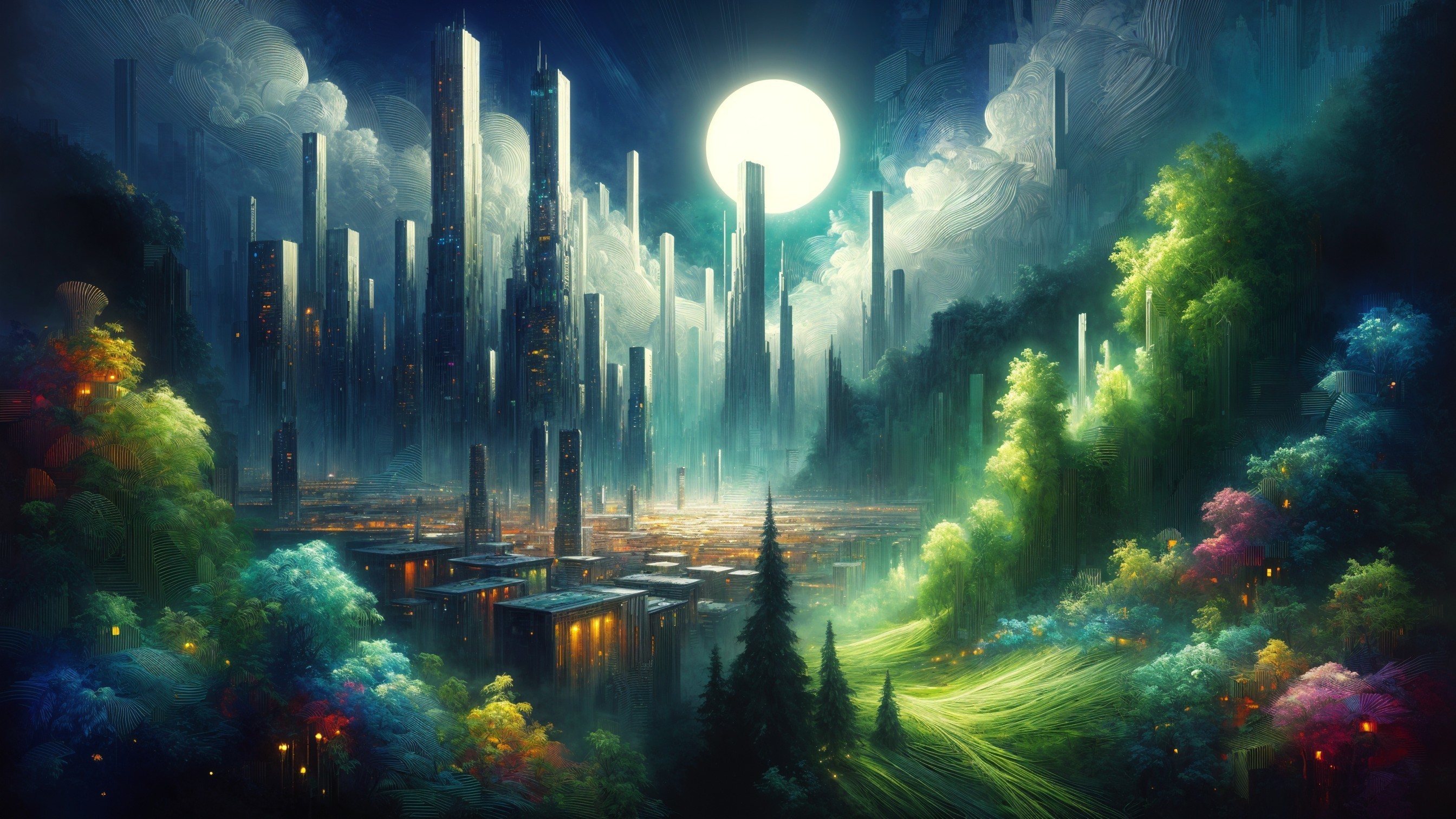 Surreal Landscape of Skyscrapers and Lush Vegetation