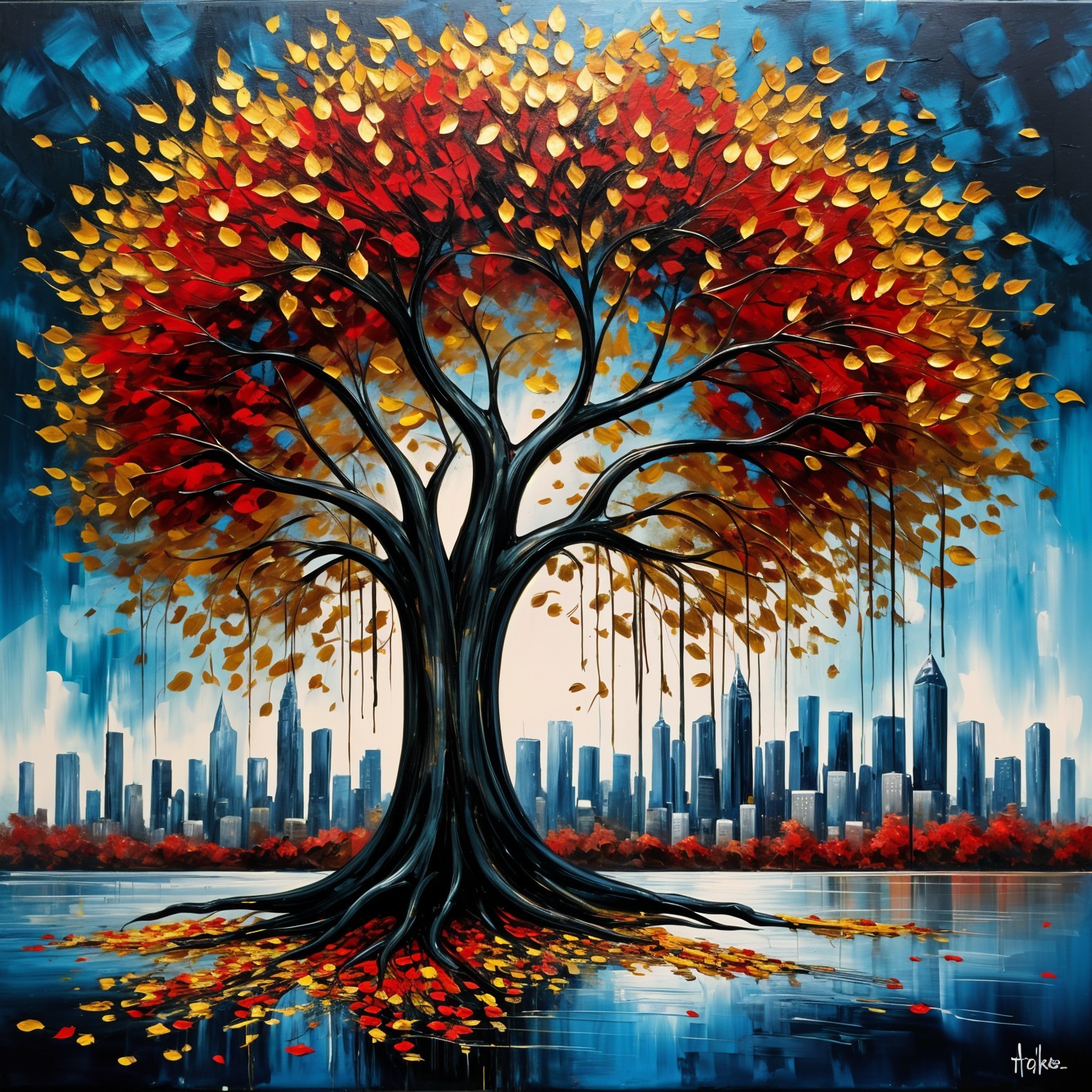Vibrant Painting of Tree with Autumn Colors and City