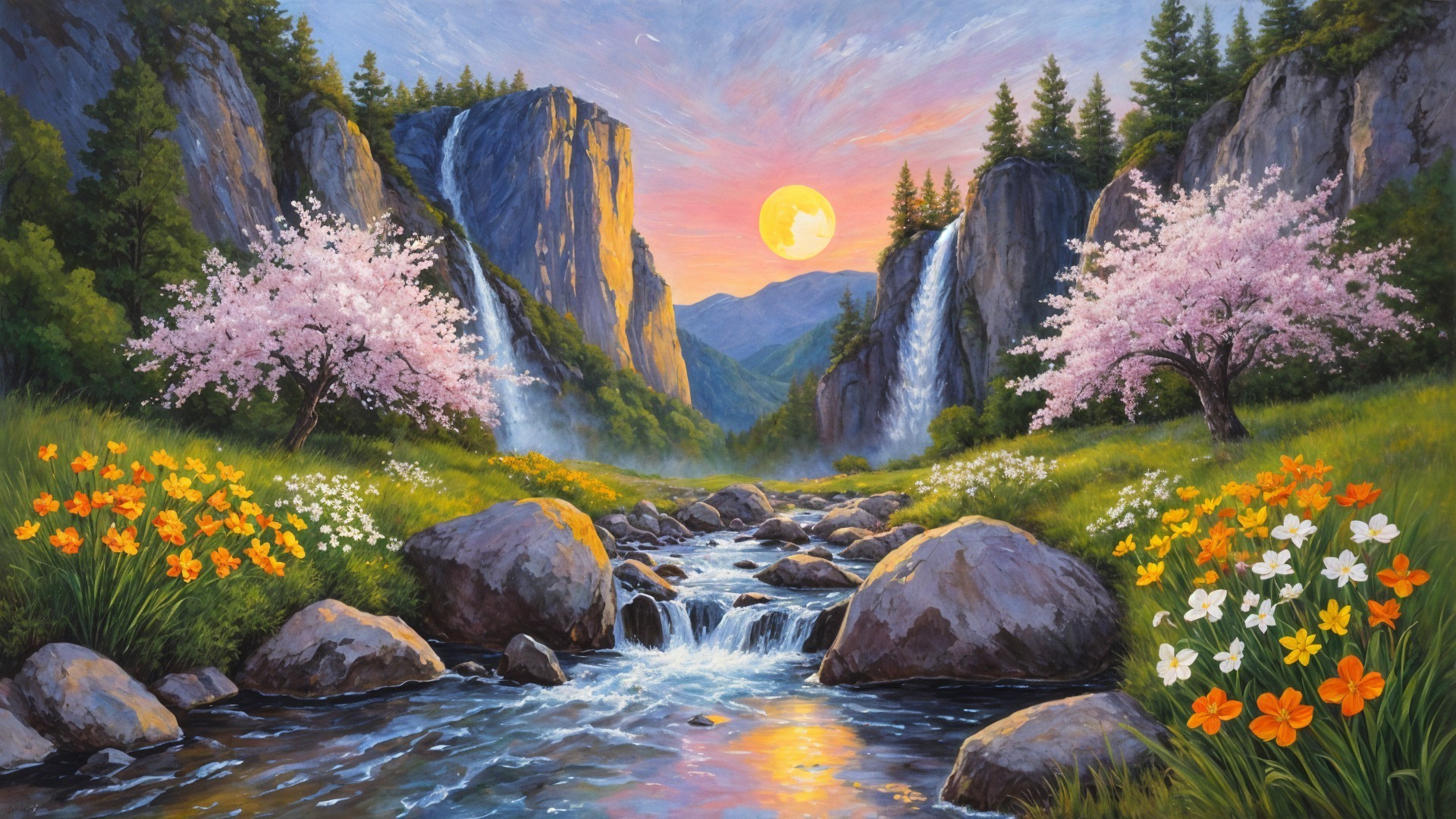 Vibrant landscape with river, cliffs, and wildflowers