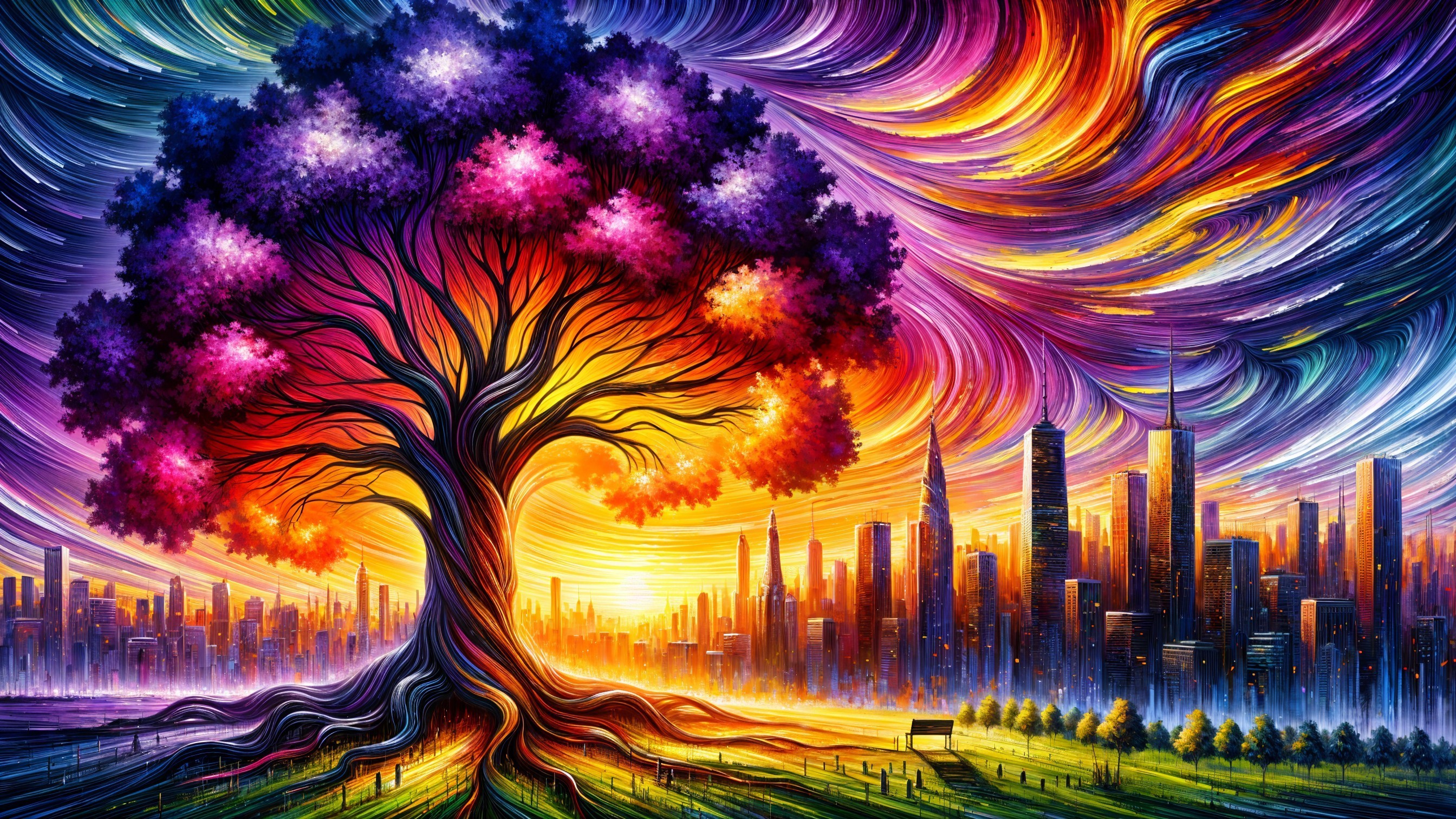 Vibrant Landscape with Massive Tree and Sunset Skyline