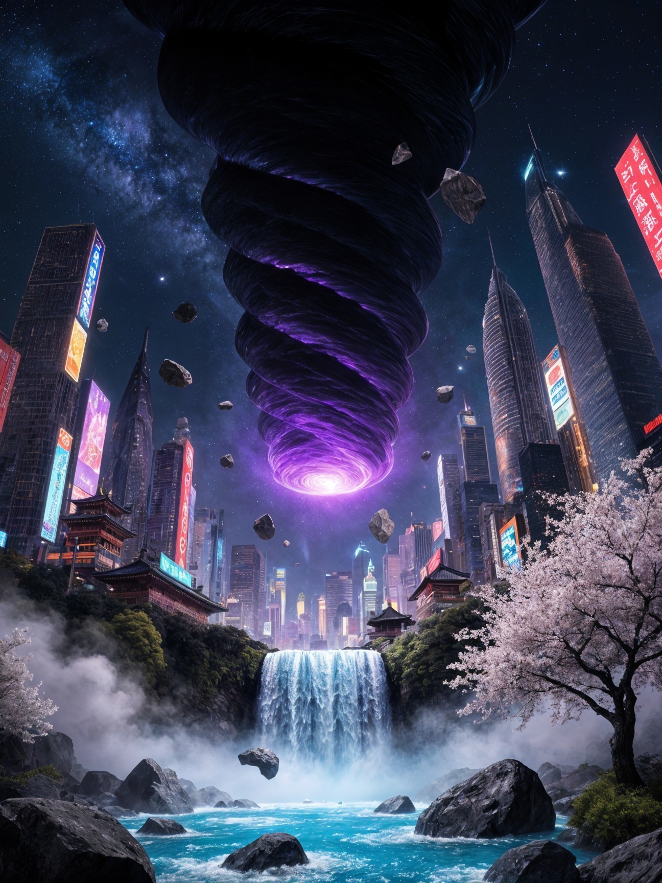 Surreal cityscape with neon skyscrapers and vortex