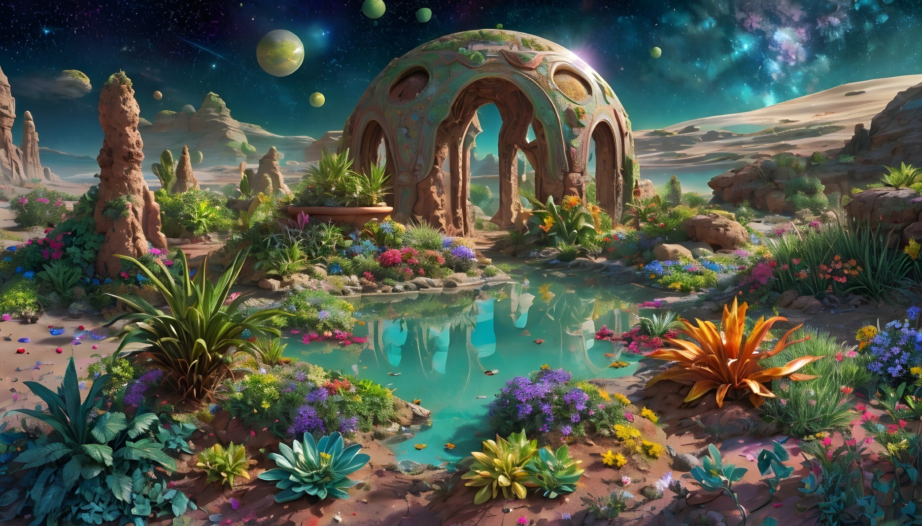 Vibrant Alien Landscape with Pond and Cosmic Backdrop