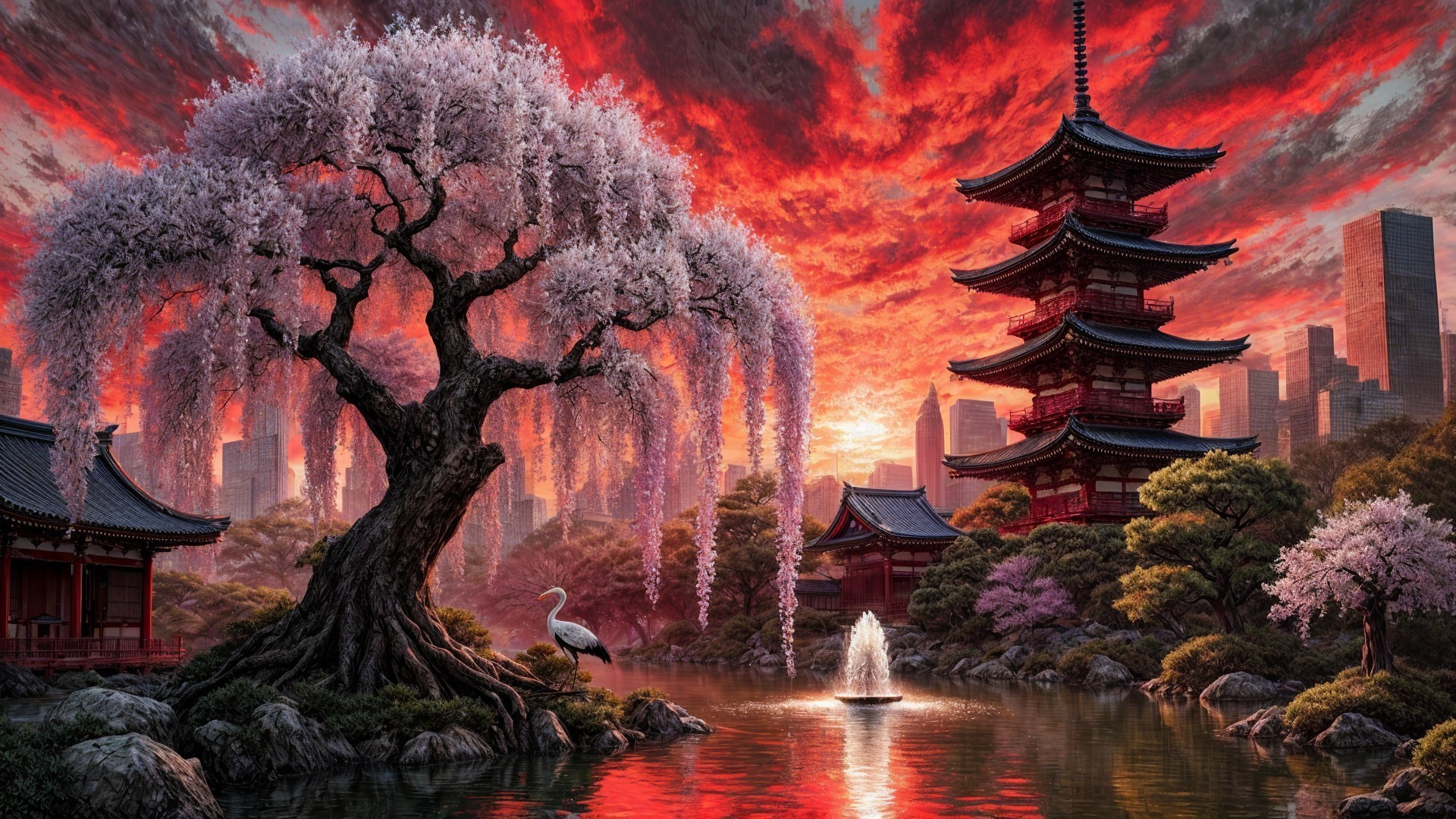 Vibrant Sunset Over Pond with Cherry Blossom and Pagoda