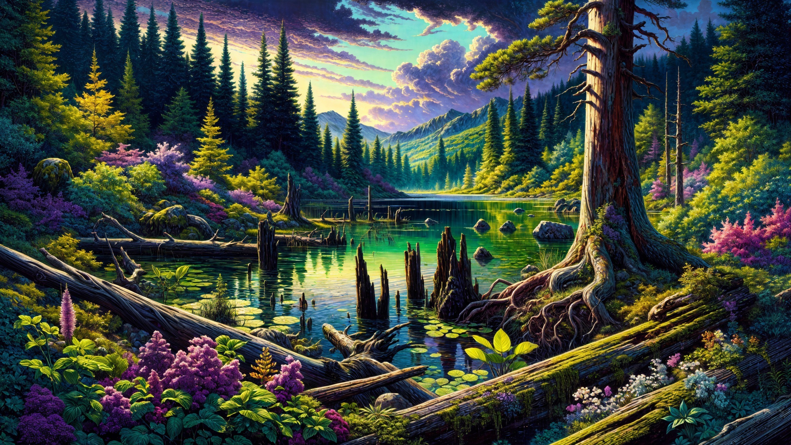 Tranquil Lake Surrounded by Lush Nature and Sunbeams