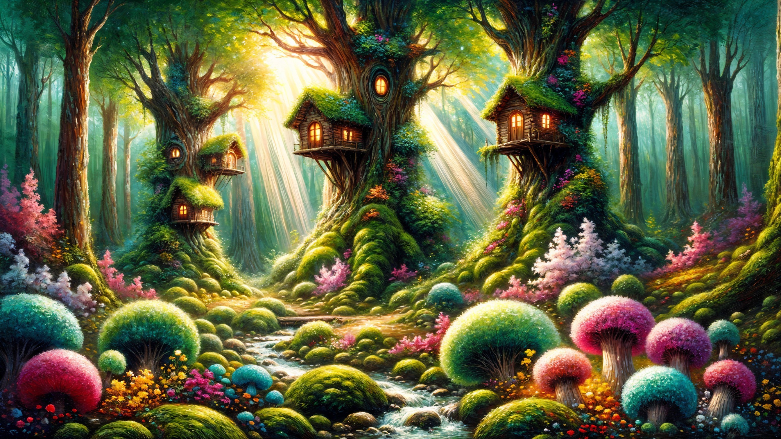 Enchanted forest with whimsical houses and vibrant flora