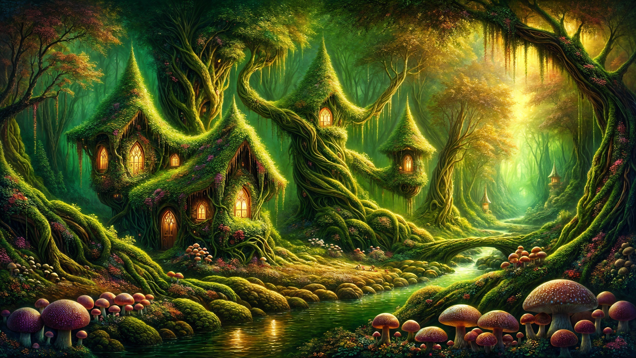 Whimsical Forest Scene with Cottages and Stream