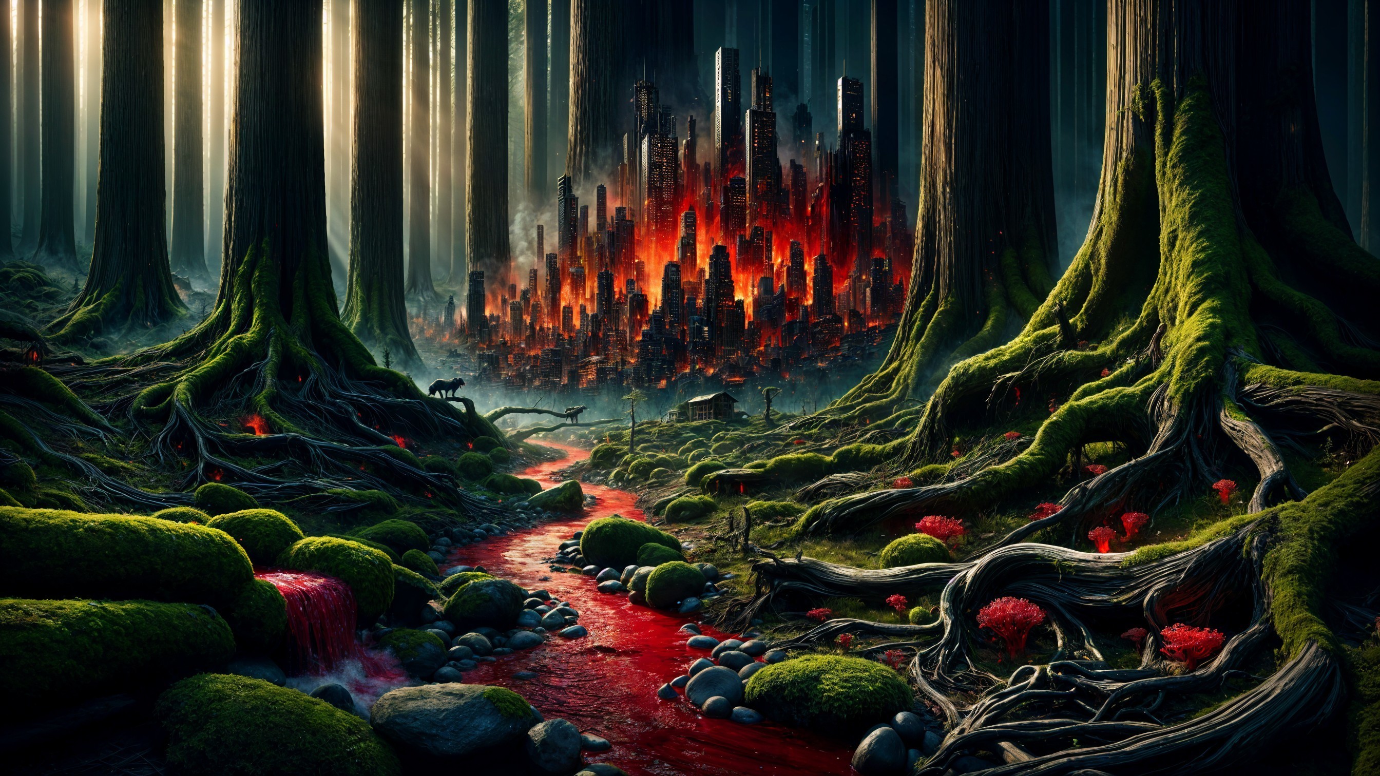 Mystical forest with crimson river and rustic cabin