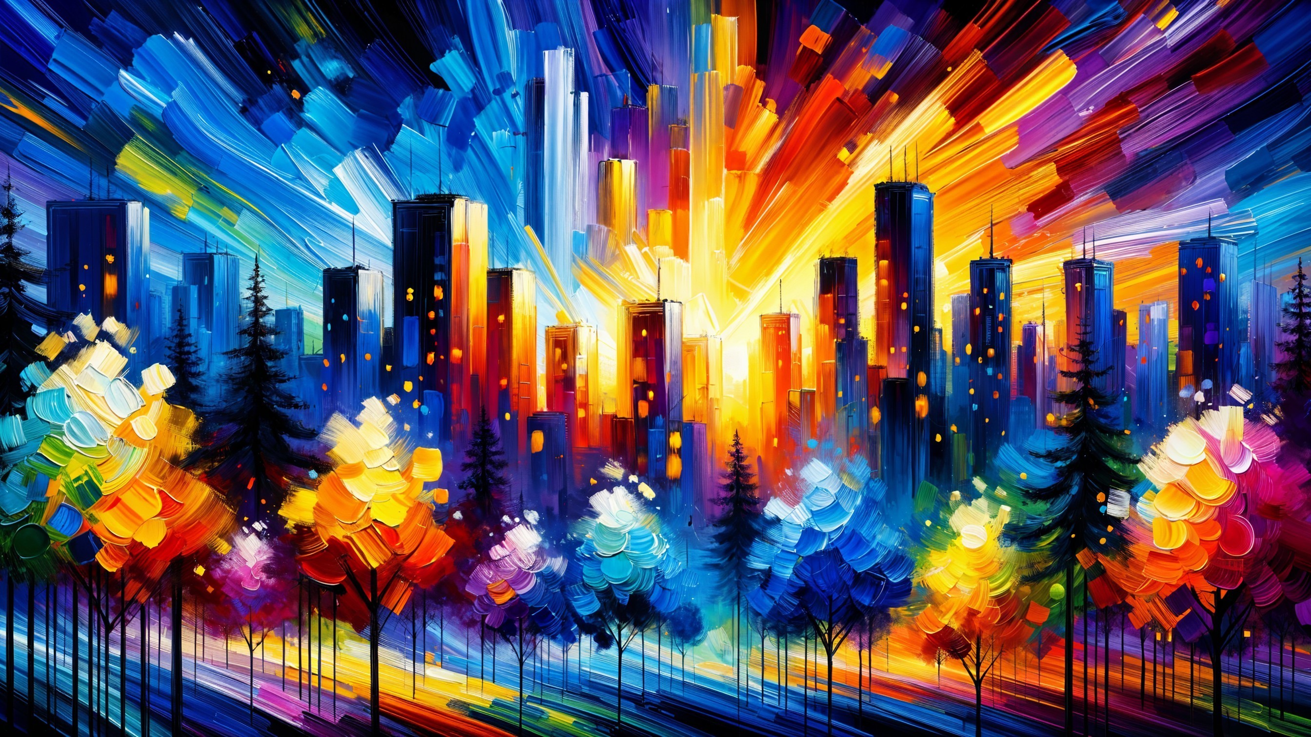 Vibrant Cityscape at Sunset with Colorful Skyscrapers