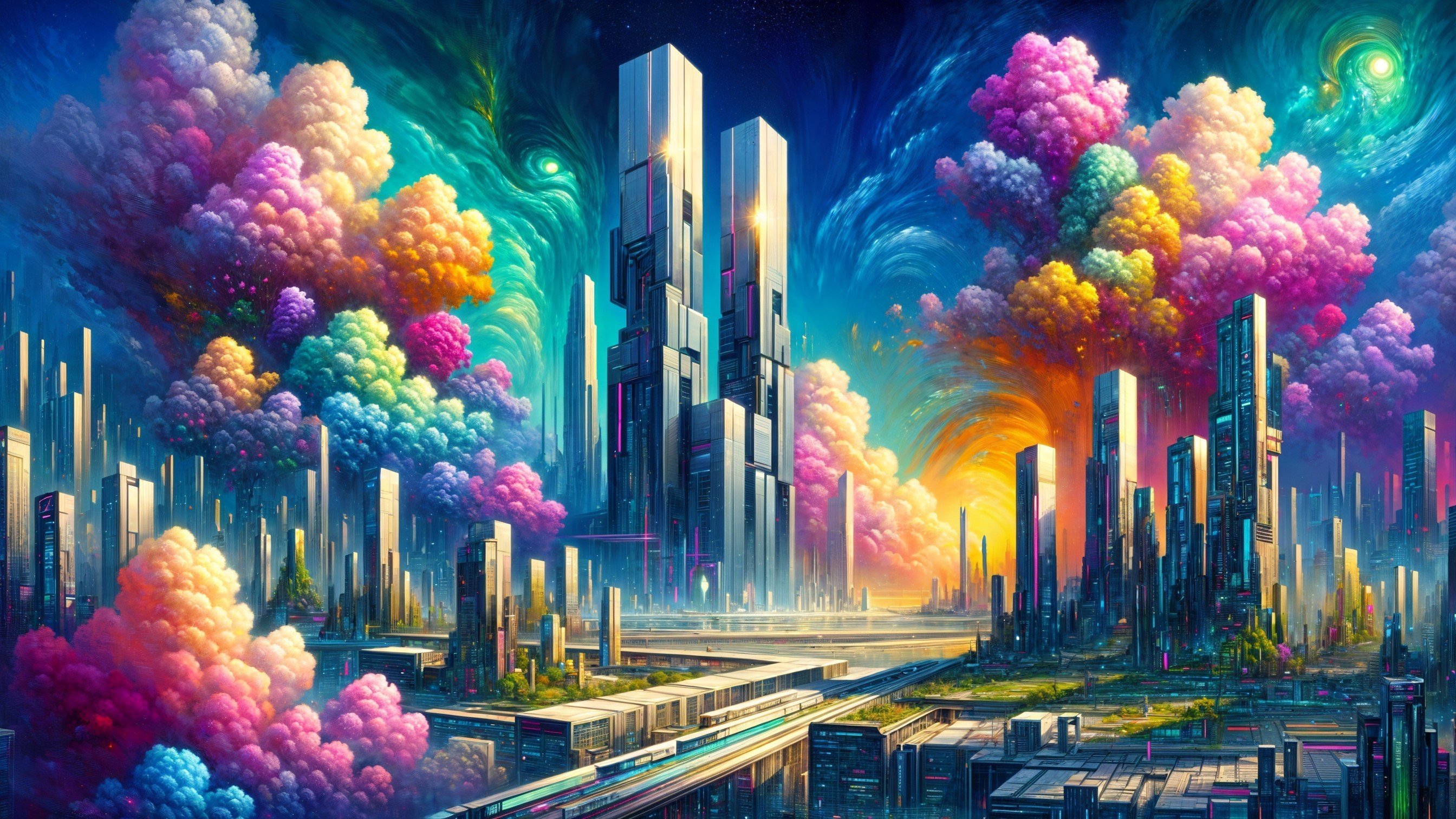 Vibrant Futuristic Cityscape with Colorful Skyscrapers