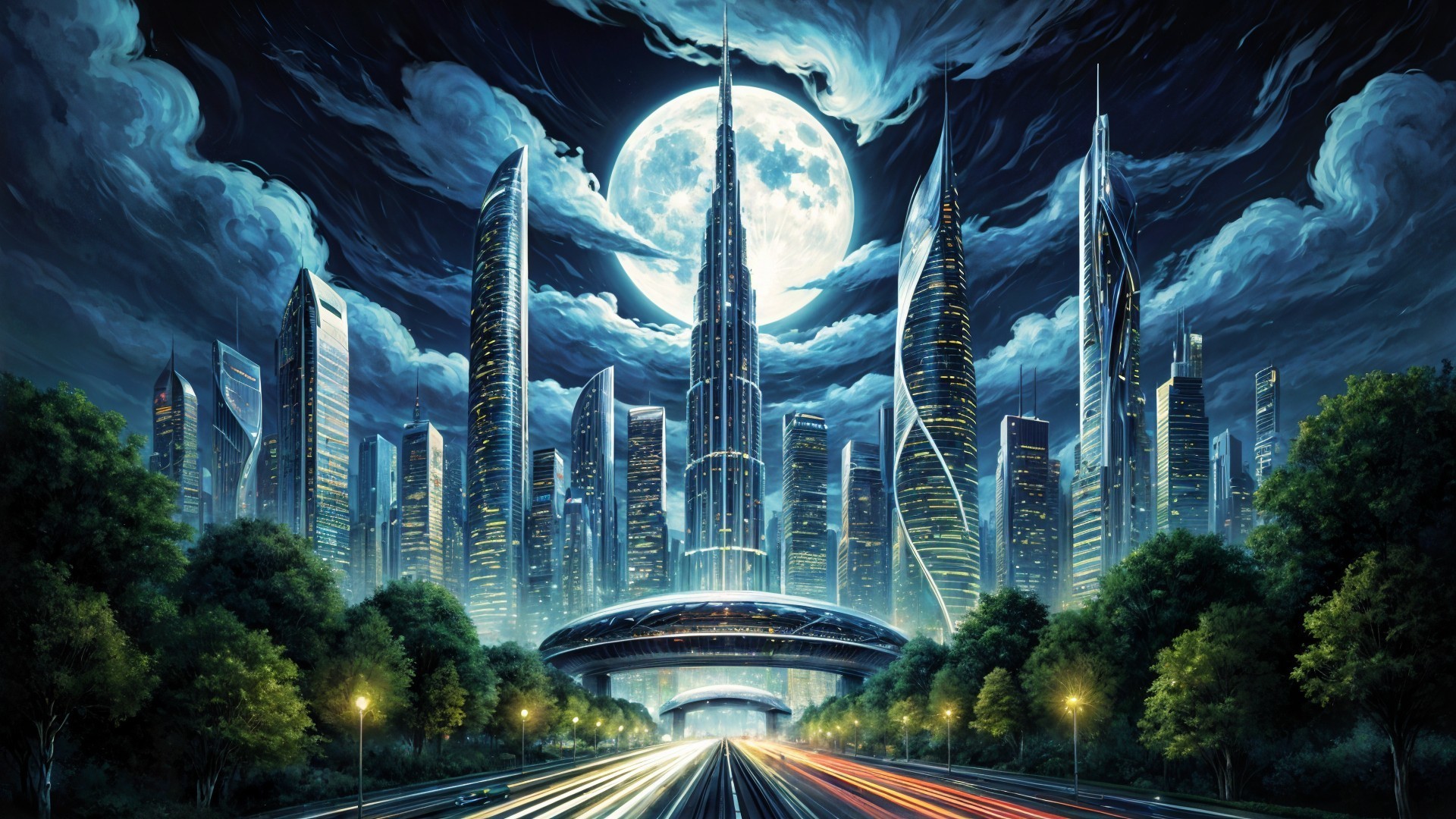 Futuristic Cityscape Under Luminous Moonlight