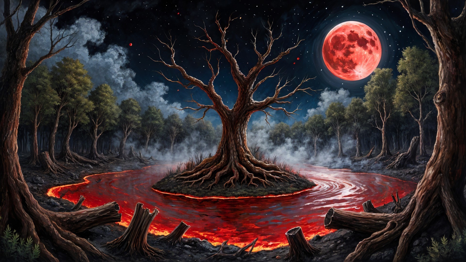 Lava Lake in a Forsaken Forest Landscape