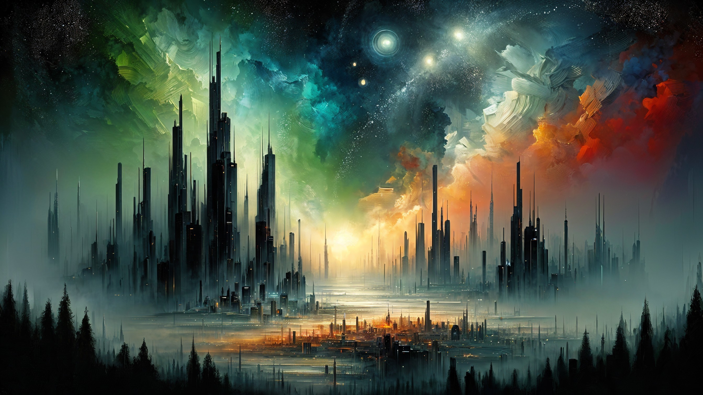 Futuristic cityscape with cosmic backdrop and reflections