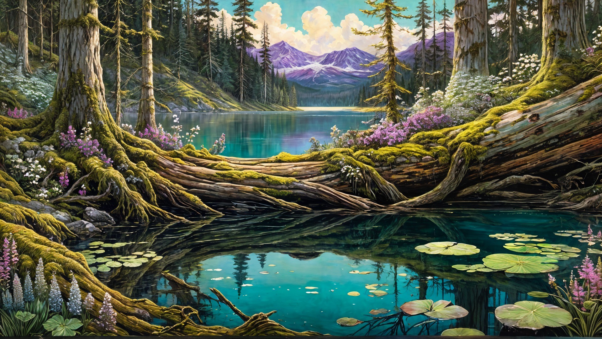 Tranquil Lake Surrounded by Majestic Mountains and Flora