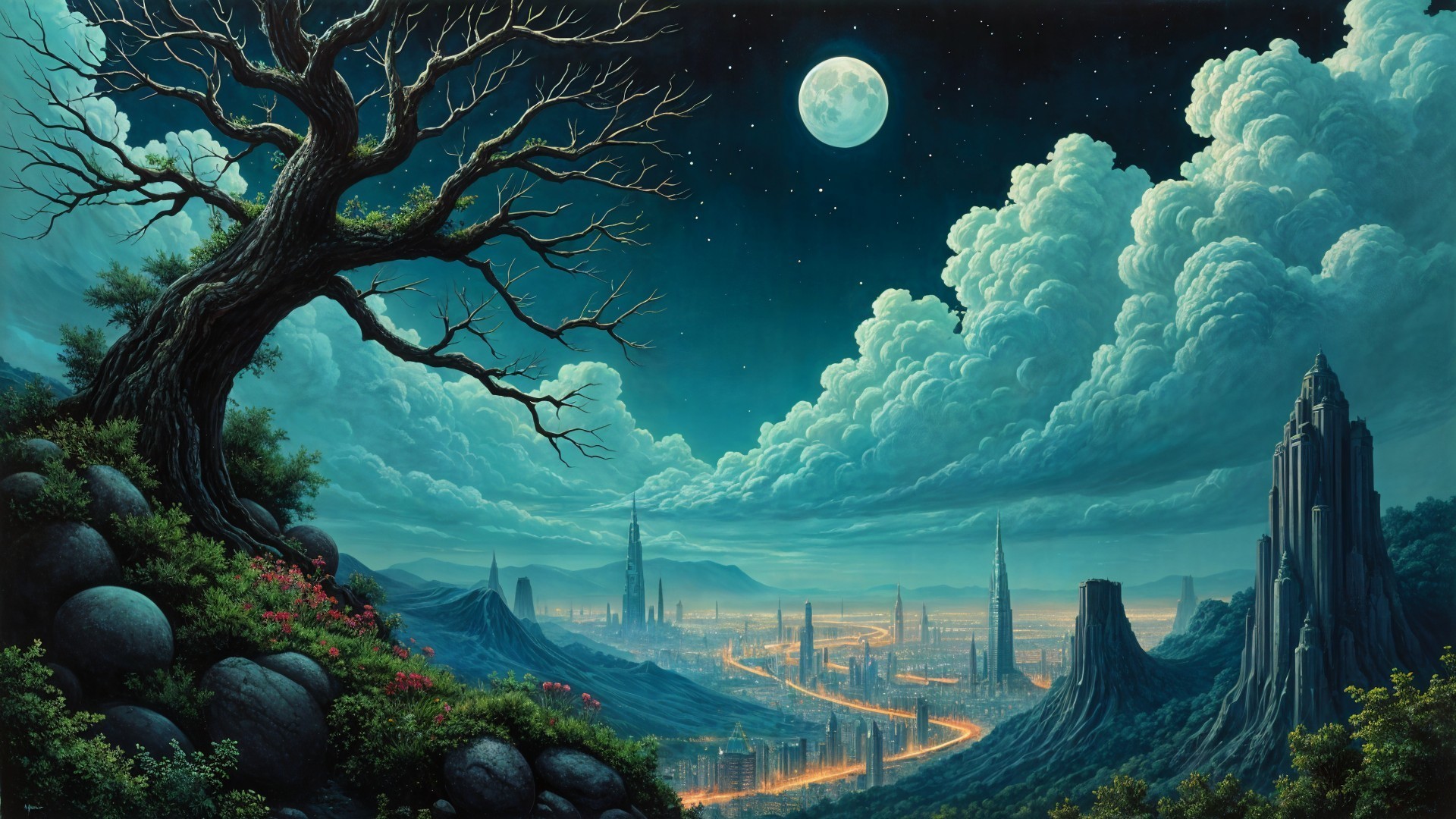 Serene Moonlit Landscape with Valley and River
