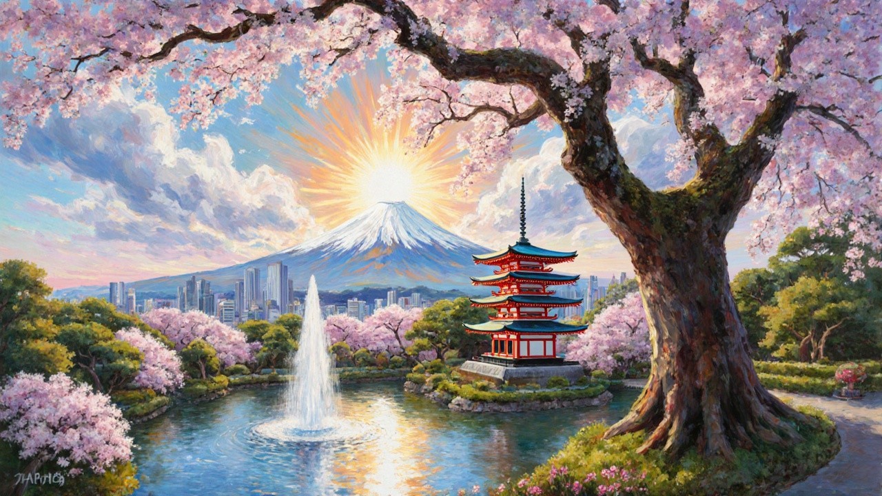 Cherry Blossom Tree and Pagoda by Tranquil Pond