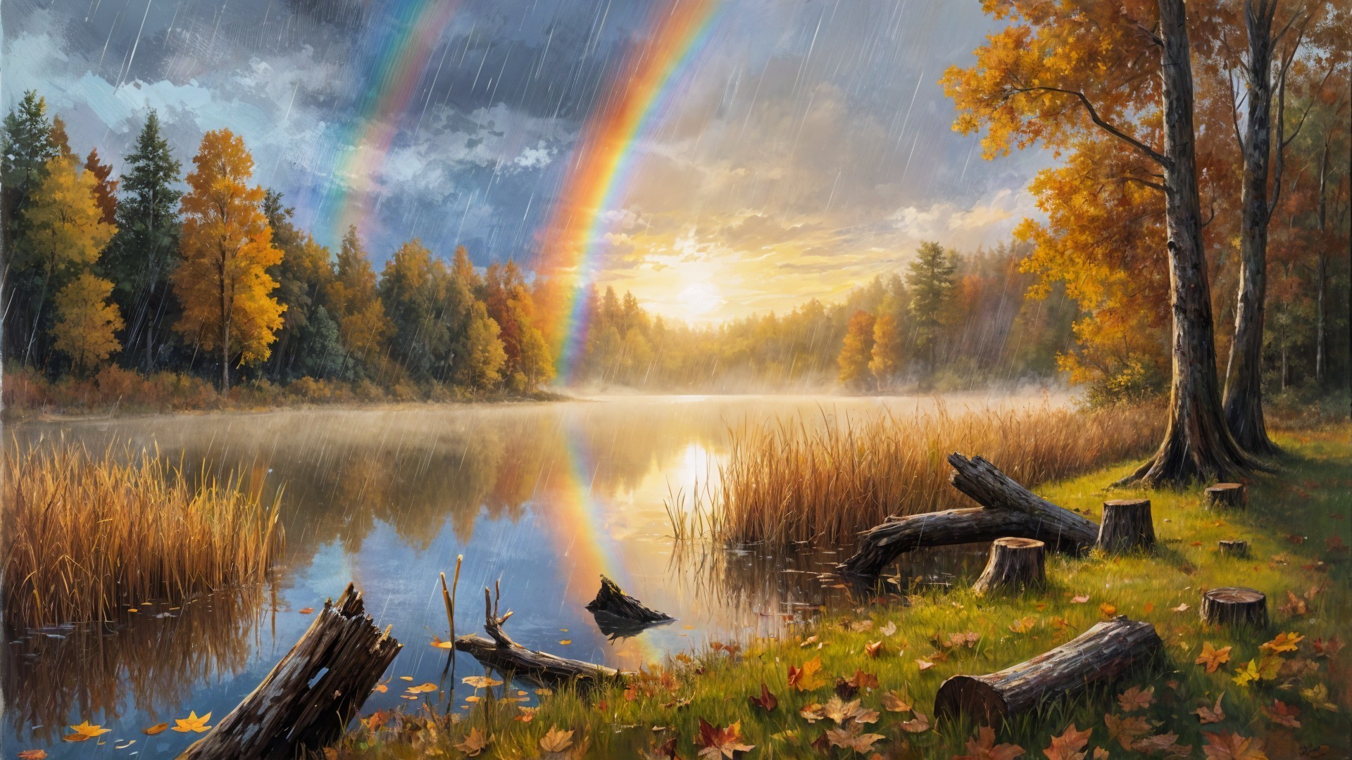 Autumn Landscape with Lake and Double Rainbow