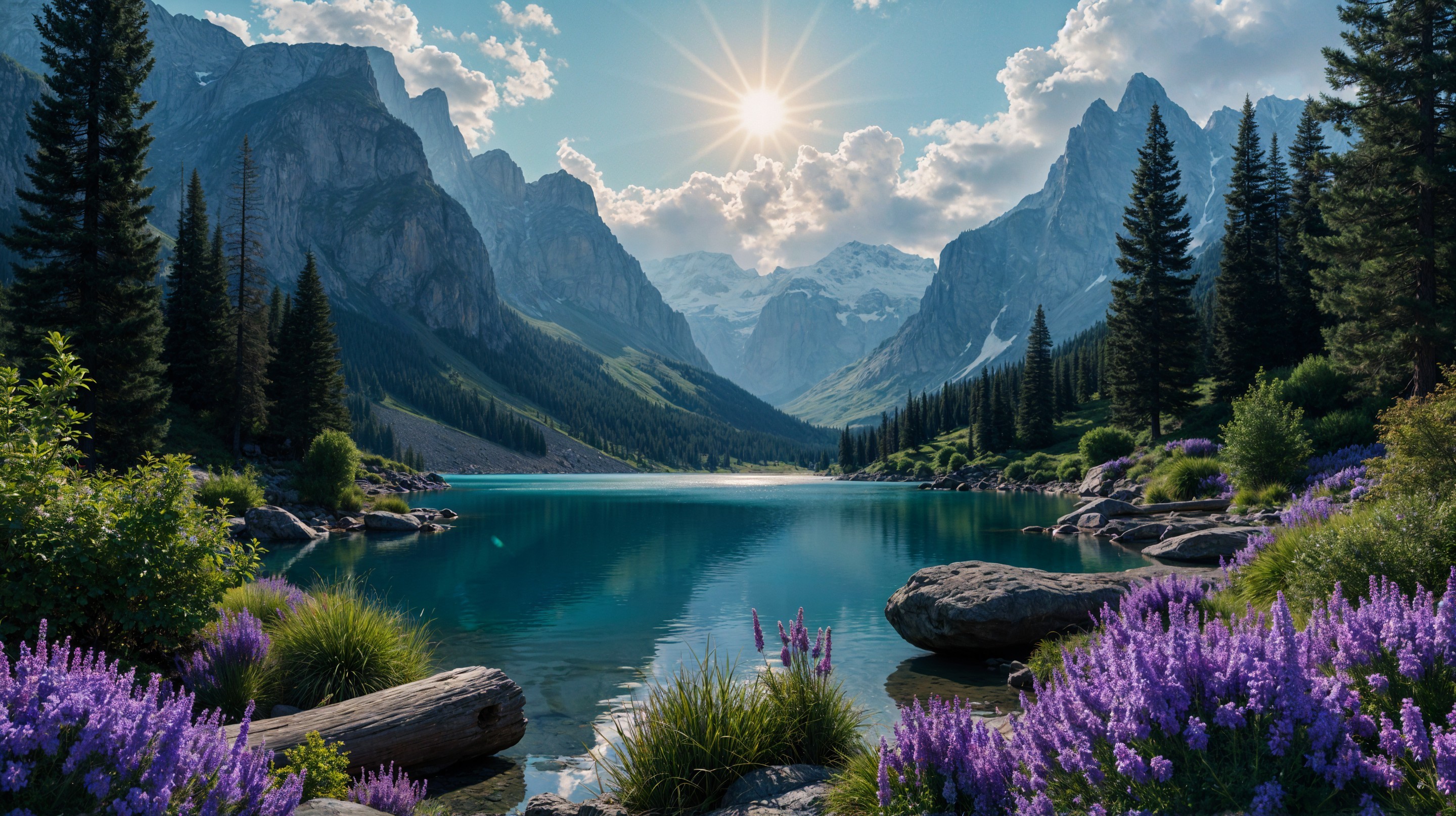 Tranquil Lake Surrounded by Majestic Mountains and Flora