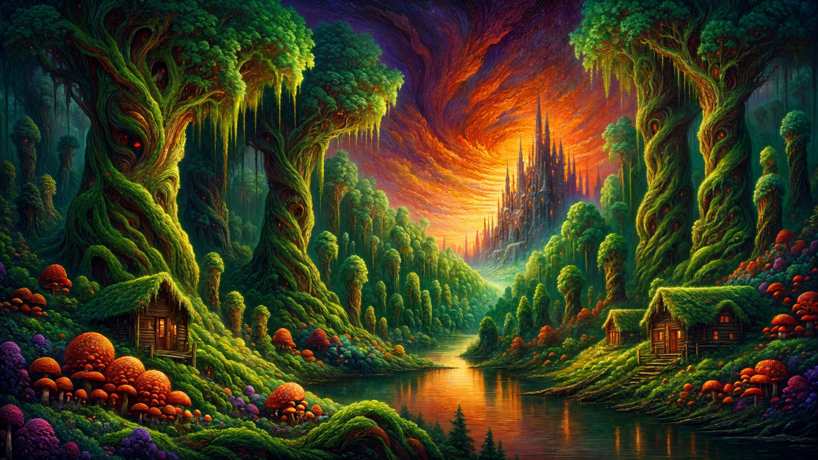Vibrant Fantastical Landscape with Castle and River
