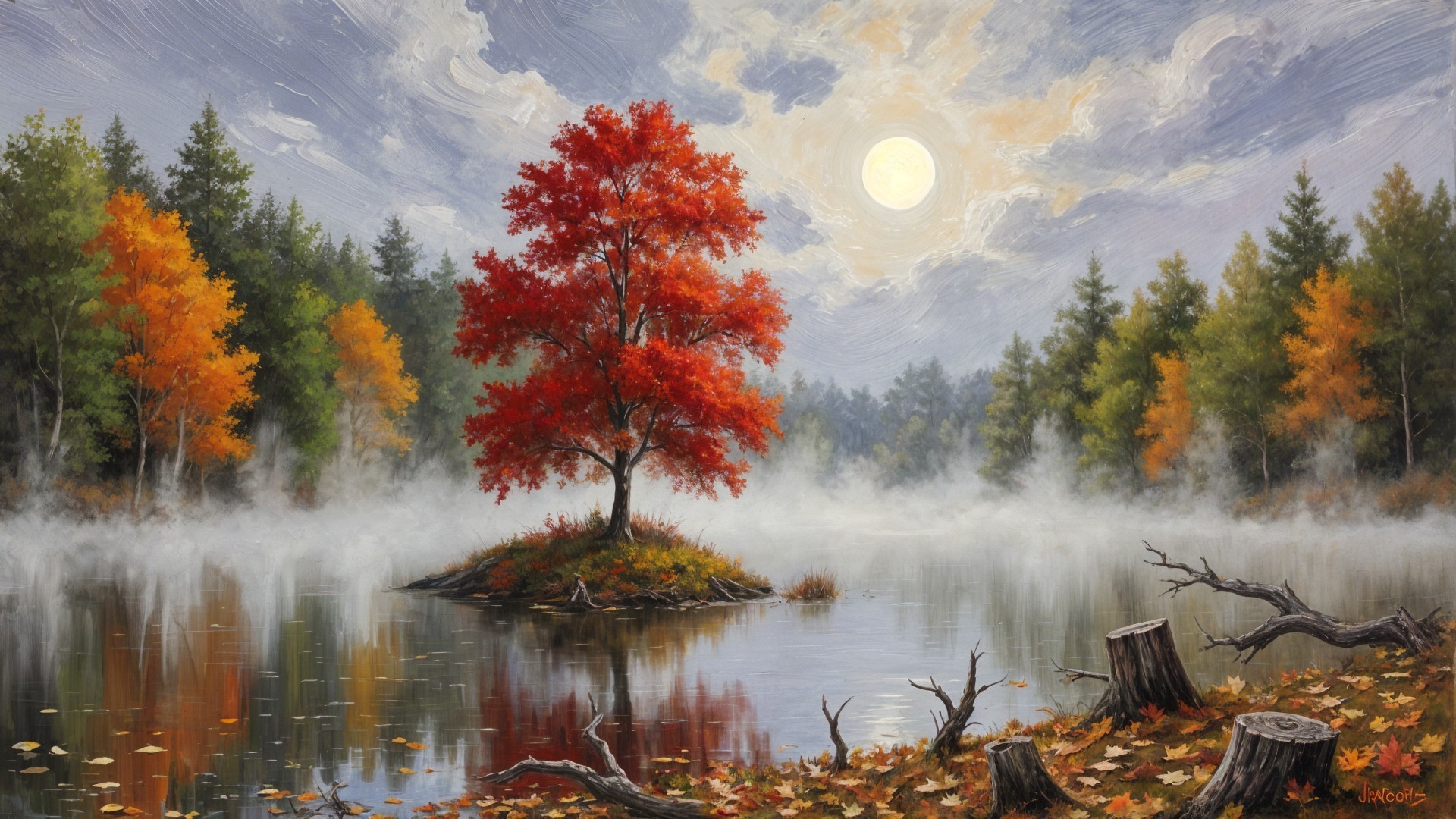 Vibrant Red Tree on Island Surrounded by Calm Lake