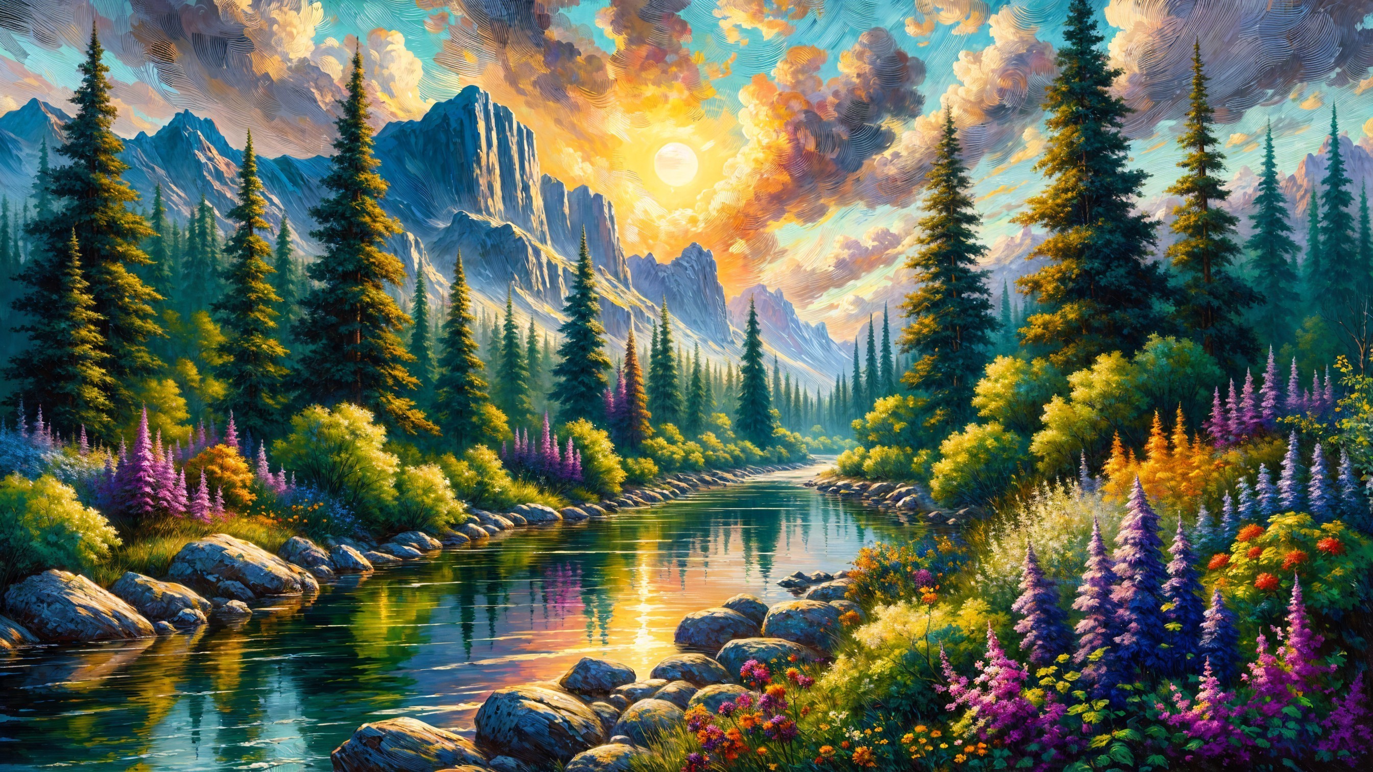Vibrant Landscape with River and Majestic Mountains
