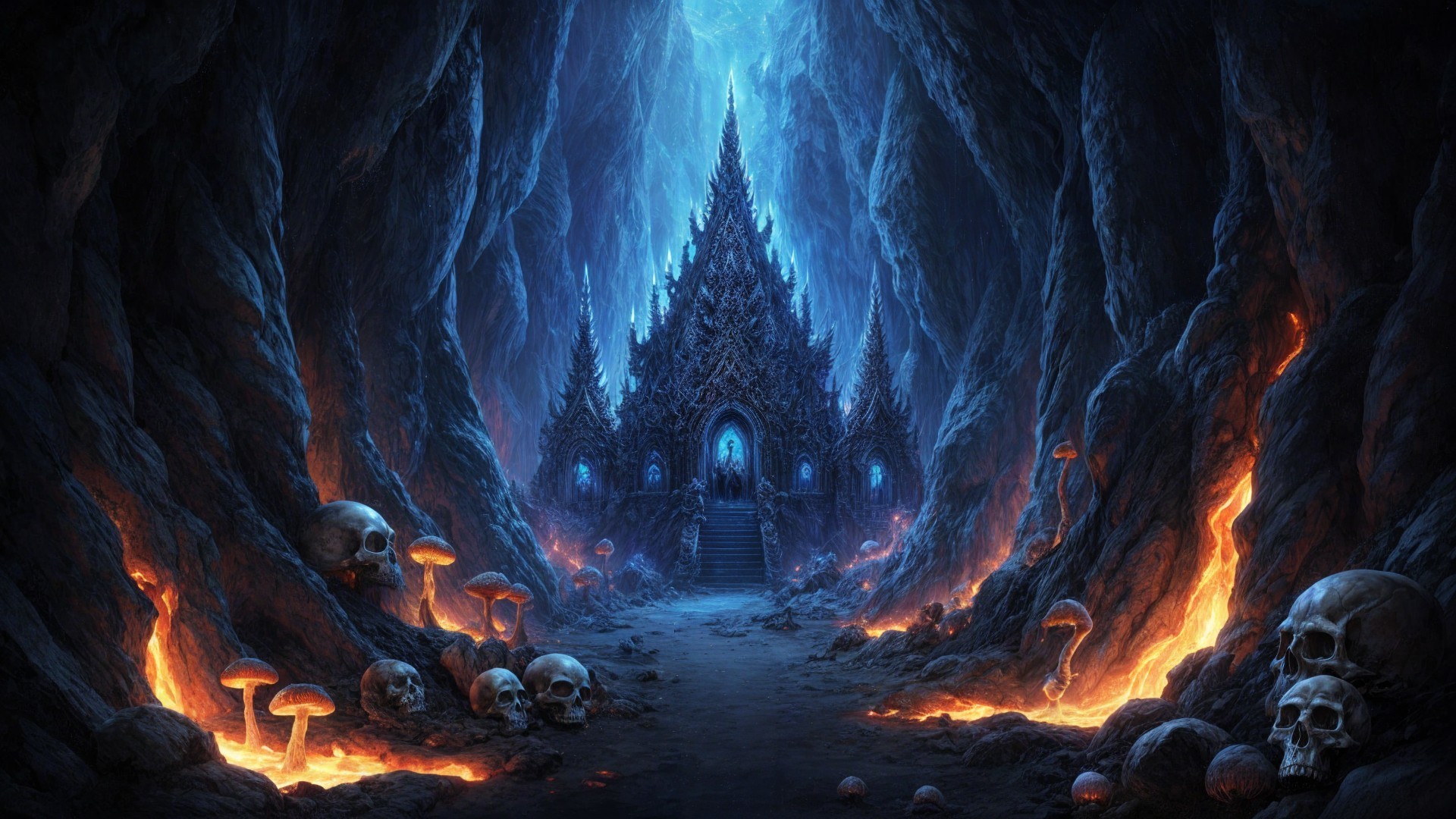 Otherworldly cavern with gothic temple and eerie light