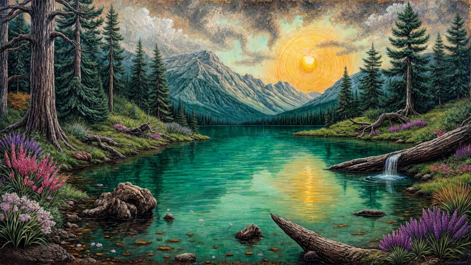 Tranquil Lake Surrounded by Mountains and Pine Trees